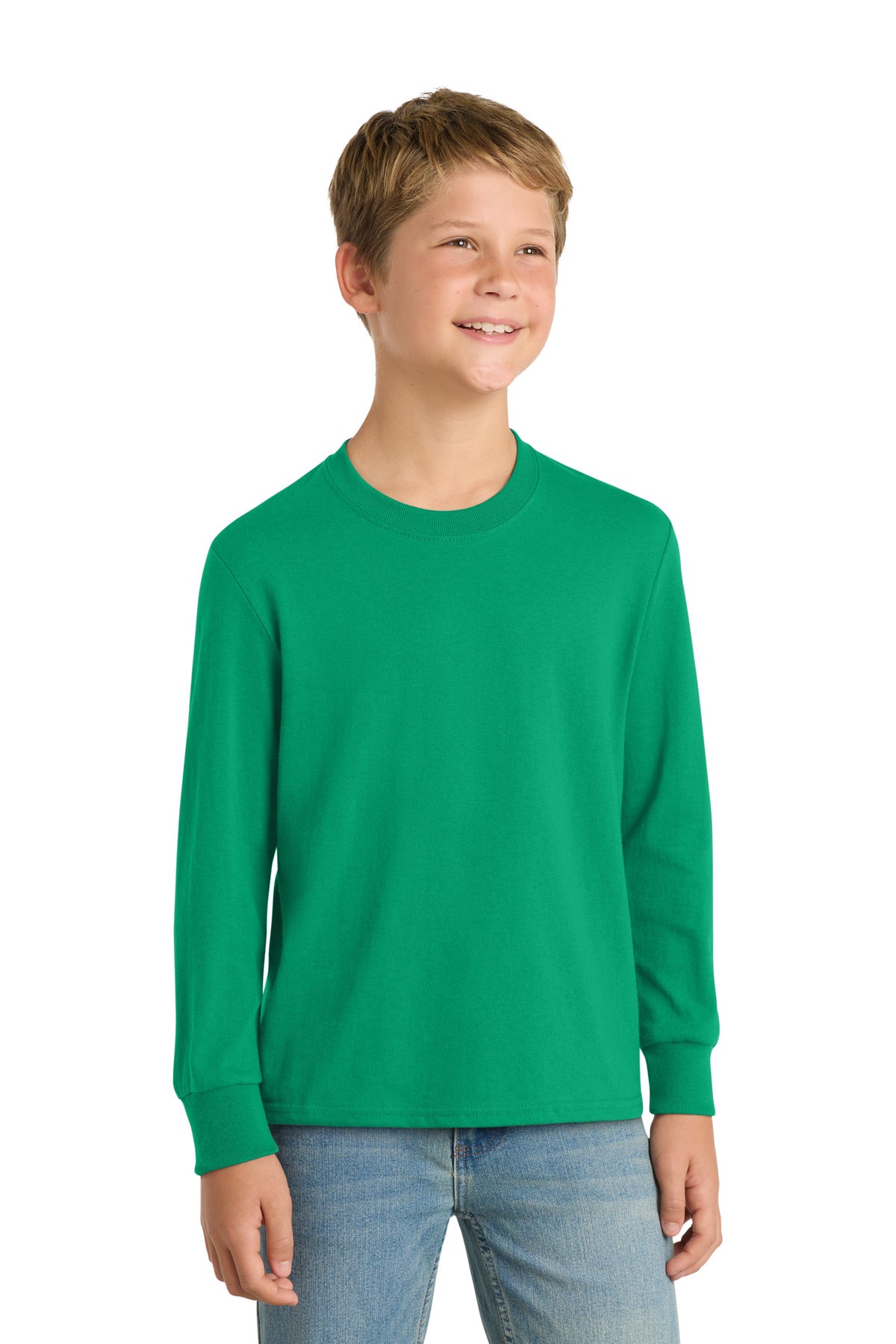 Front View of Kelly Port & Company Youth Long Sleeve Core Cotton Tee. PC54YLS
