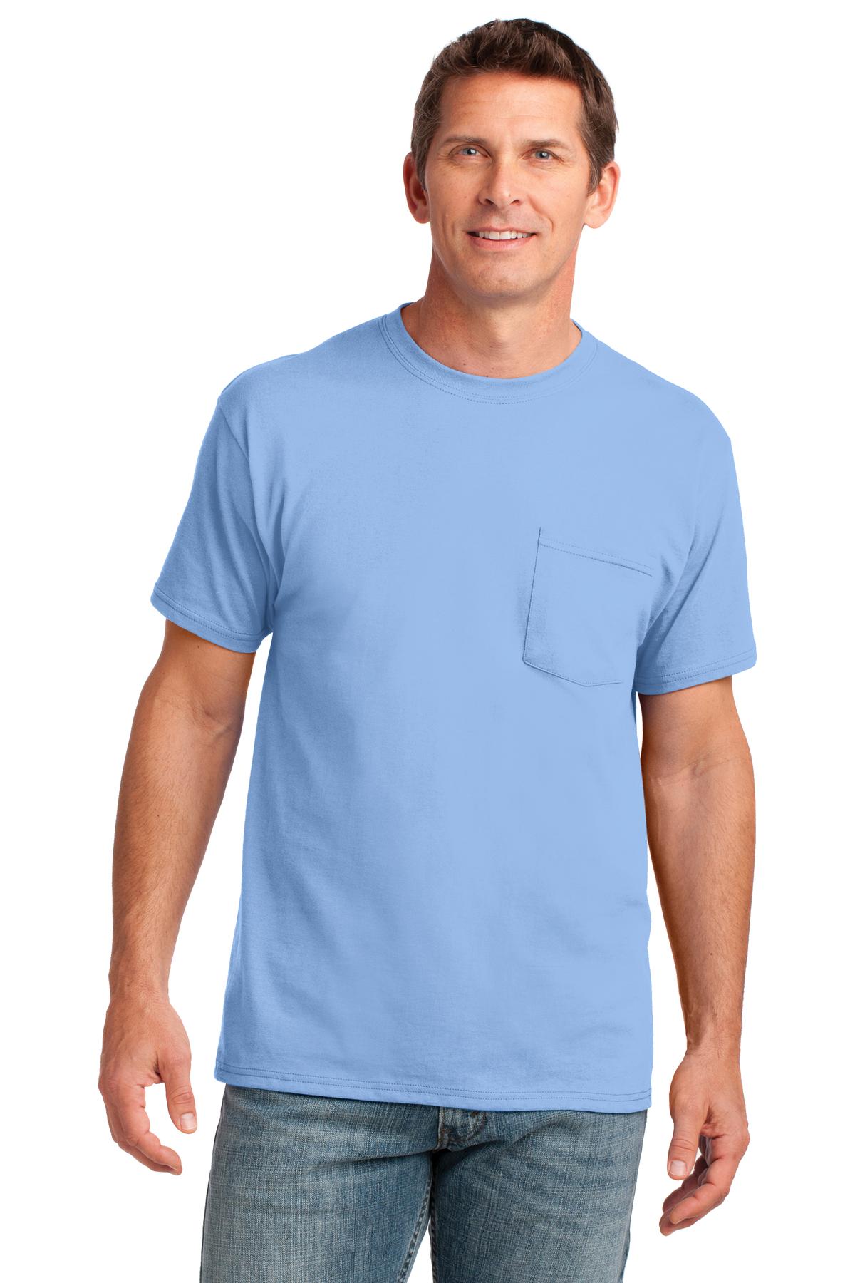 Front View of Light Blue Port & Company Core Cotton Pocket Tee. PC54P
