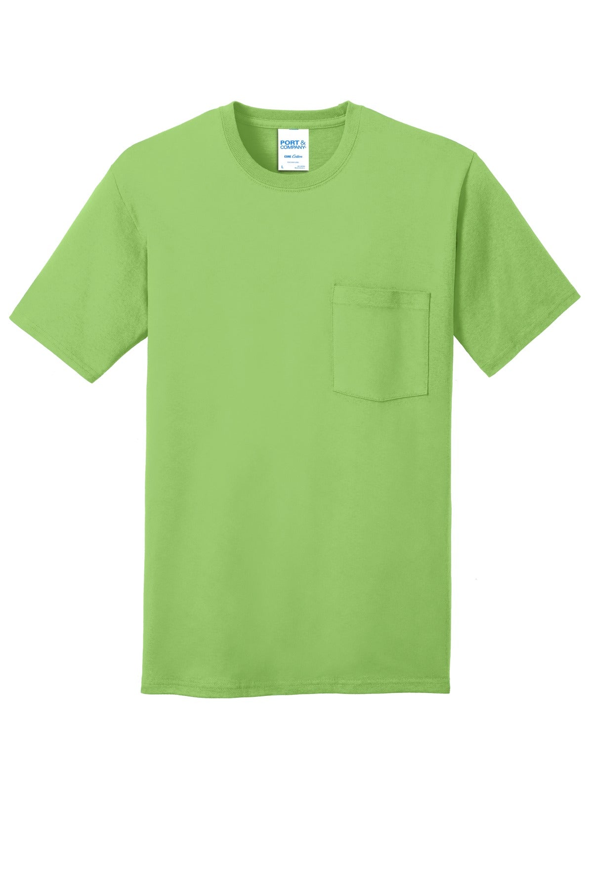 Front View of Lime Port & Company Core Cotton Pocket Tee. PC54P