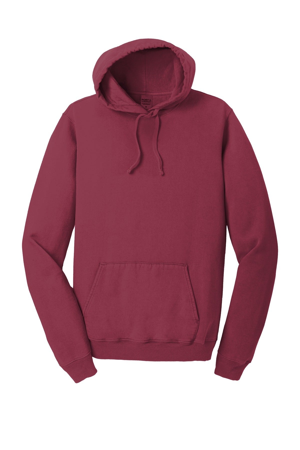 Front View of Merlot Port & Company Beach Wash Garment-Dyed Pullover Hooded Sweatshirt. PC098H