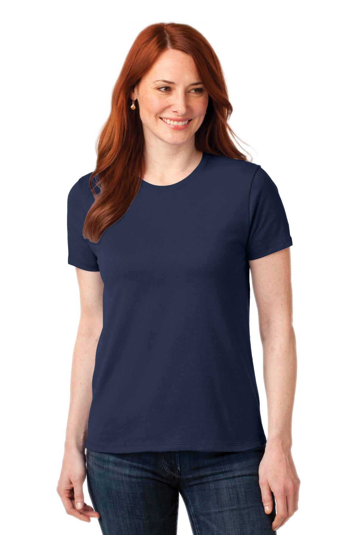 Front View of Navy Port & Company Women's Core Blend Tee. LPC55