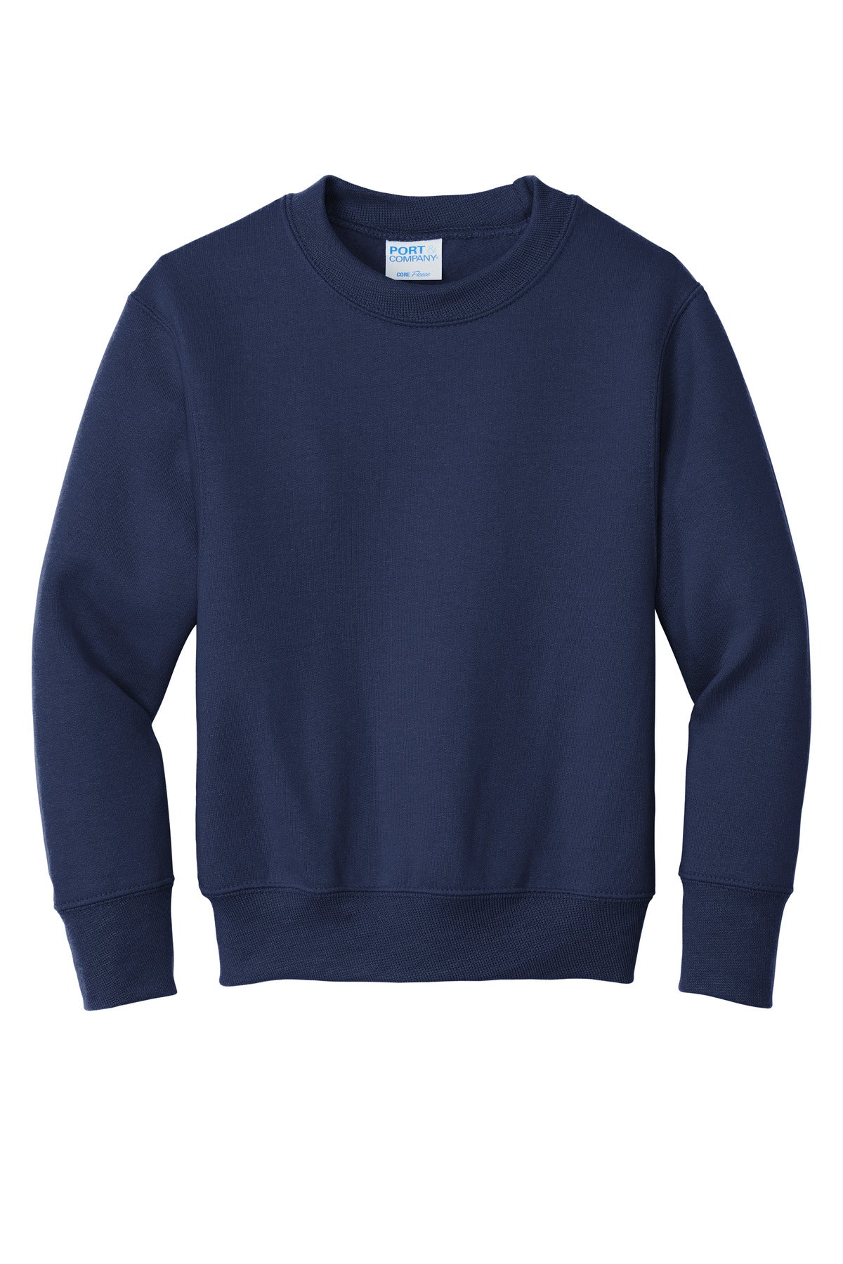 Front View of Navy Port & Company Youth Core Fleece Crewneck Sweatshirt. PC90Y