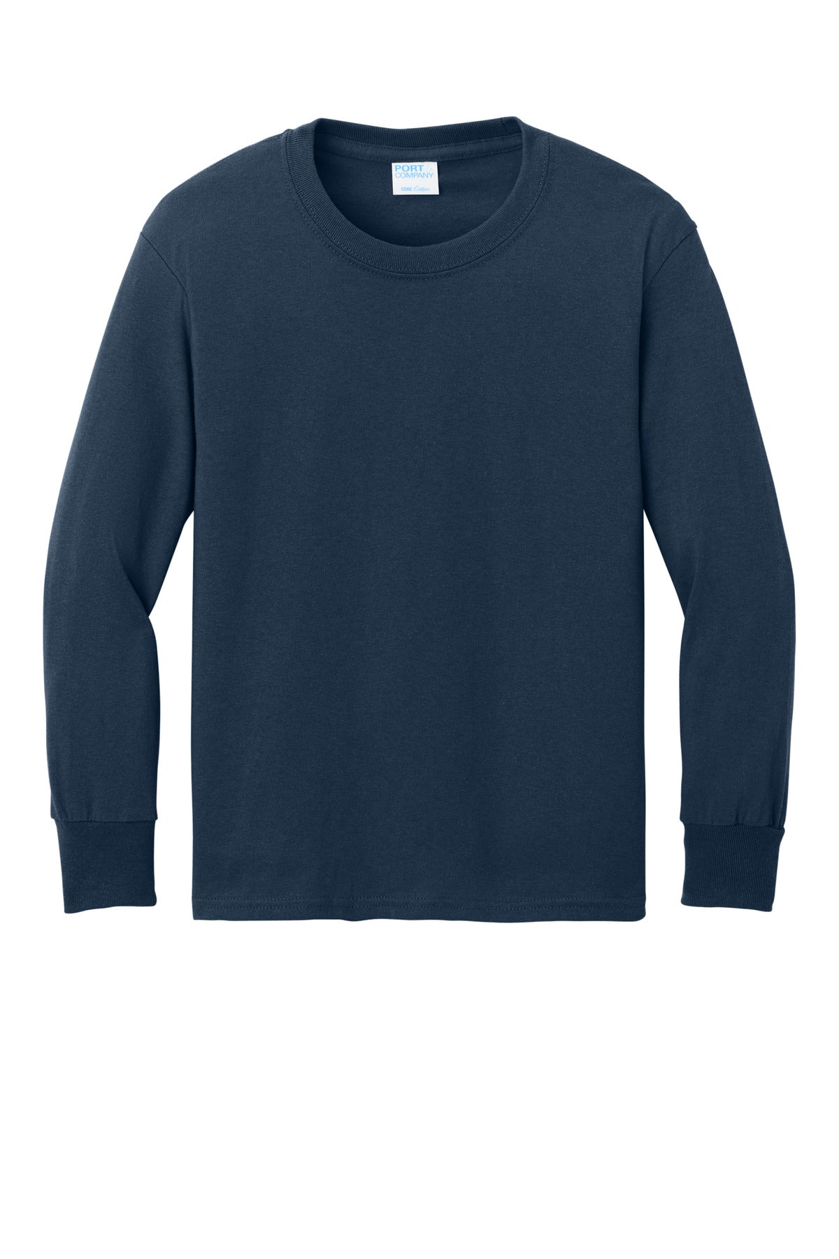 Front View of Navy Port & Company Youth Long Sleeve Core Cotton Tee. PC54YLS