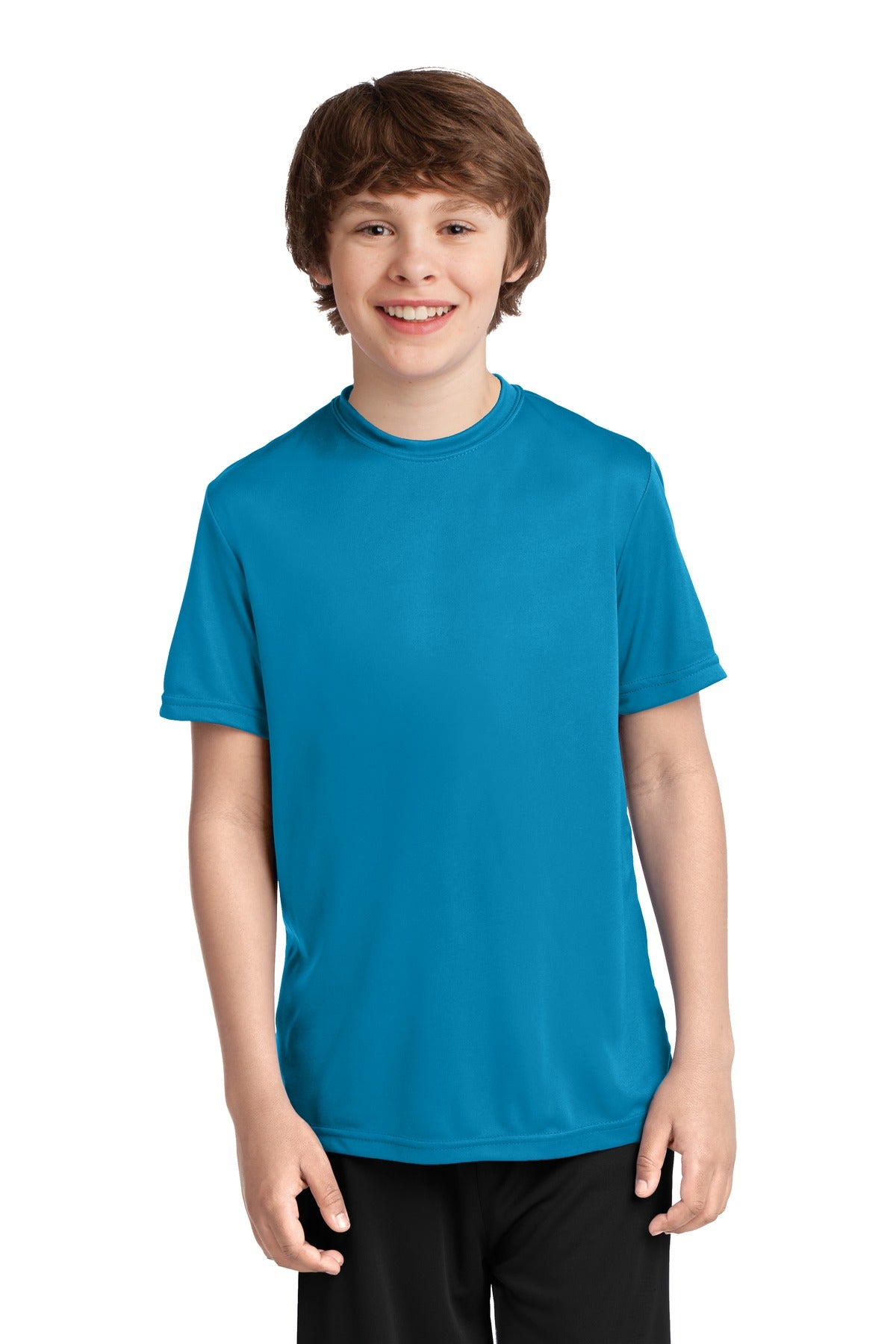 Front View of Neon Blue Port & Company Youth Performance Tee. PC380Y