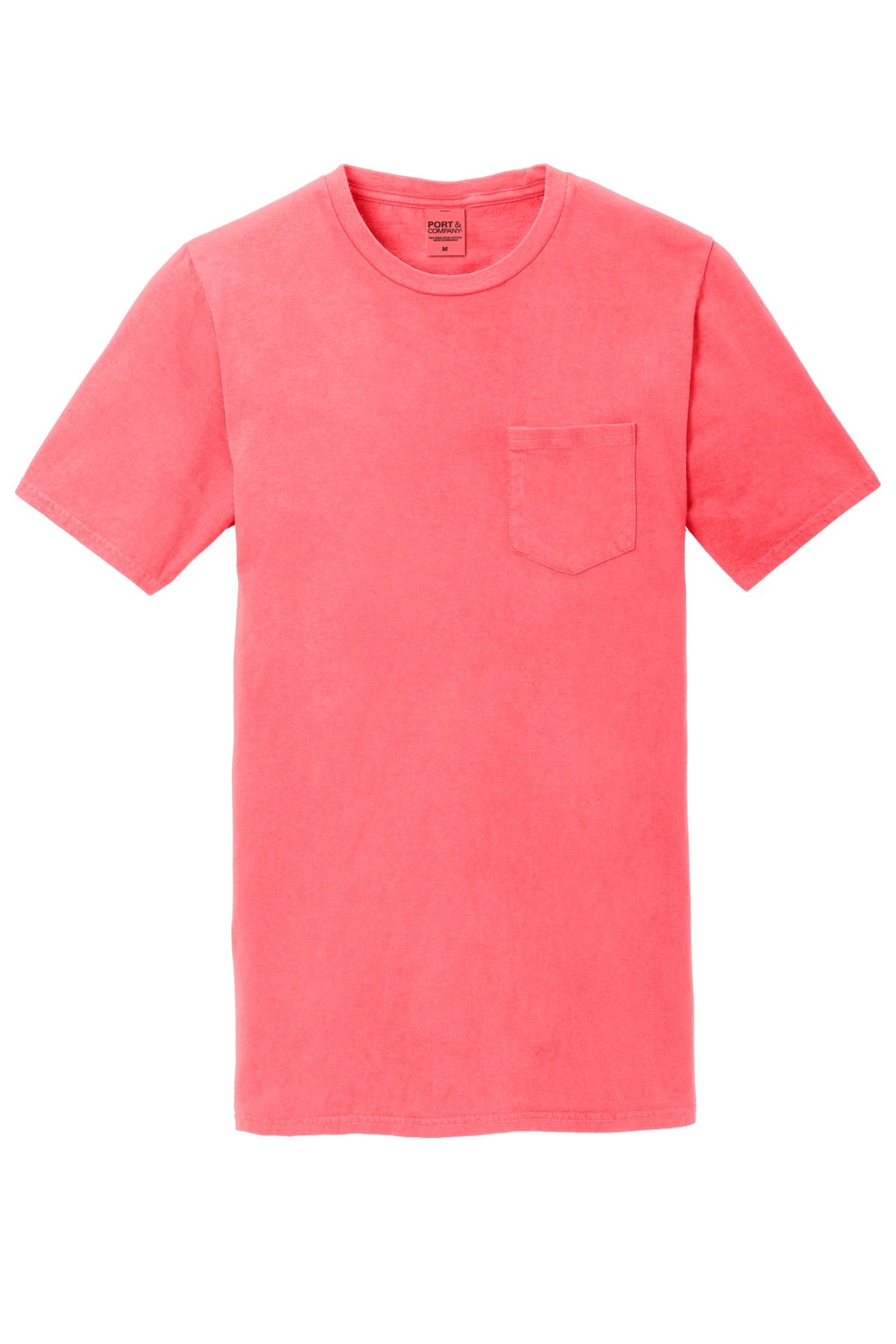 Front View of Neon Coral Port & Company Beach Wash Garment-Dyed Pocket Tee. PC099P