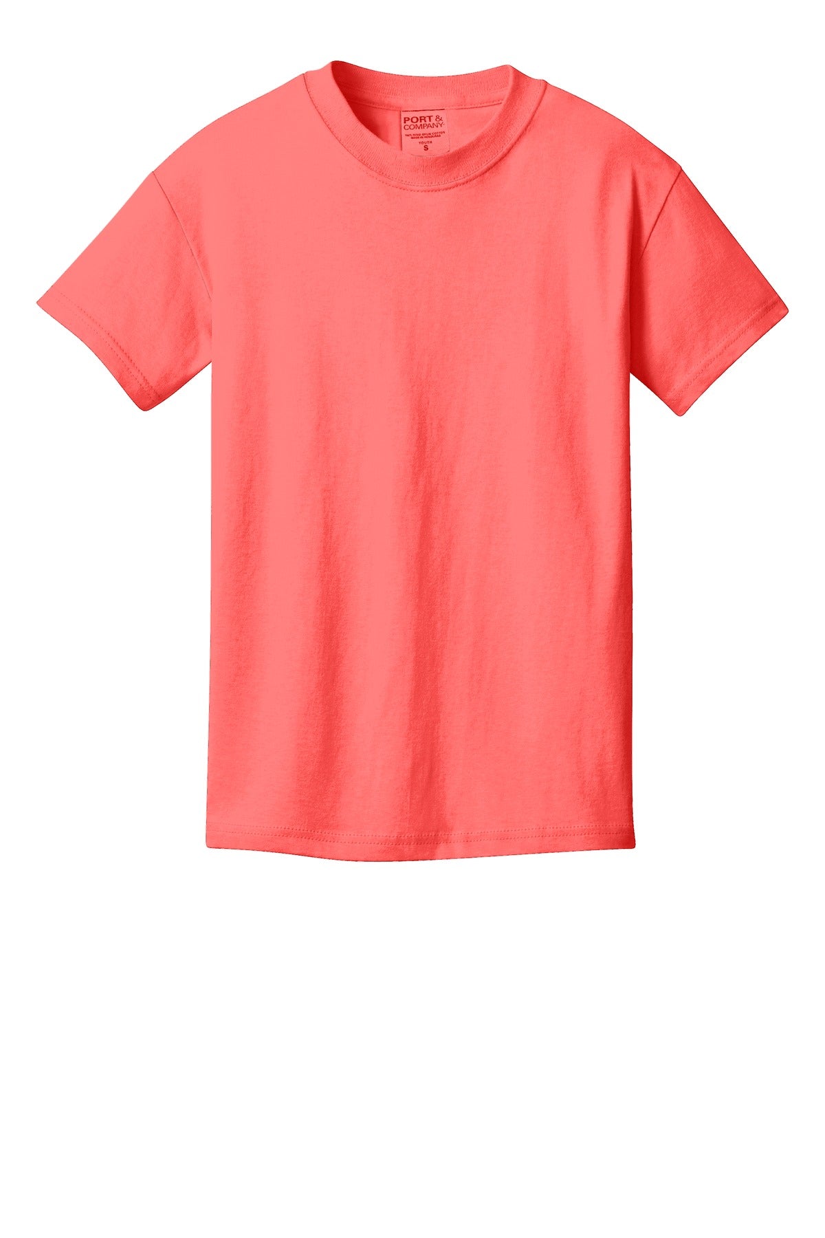 Front View of Neon Coral Port & Company Youth Beach Wash Garment-Dyed Tee. PC099Y