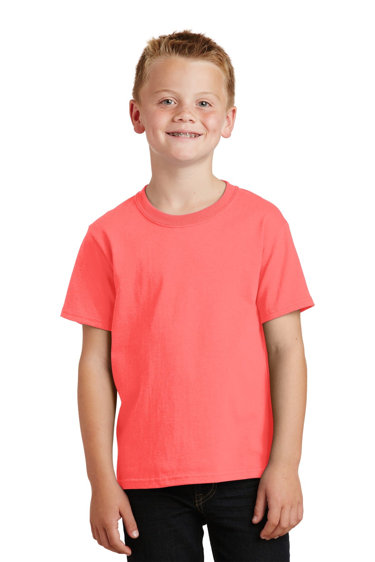 Front View of Neon Coral Port & Company Youth Beach Wash Garment-Dyed Tee. PC099Y