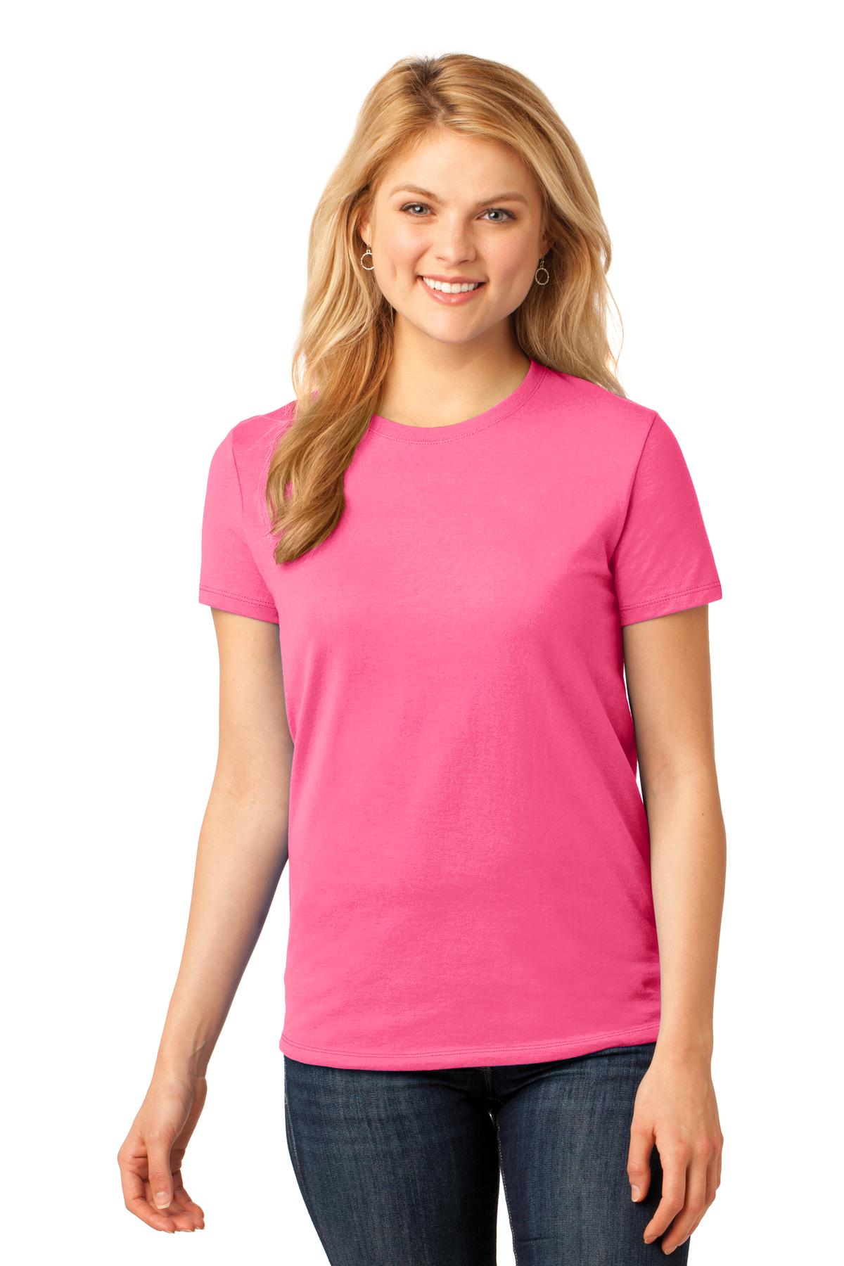 Front View of Neon Pink Port & Company Women's Core Cotton Tee. LPC54