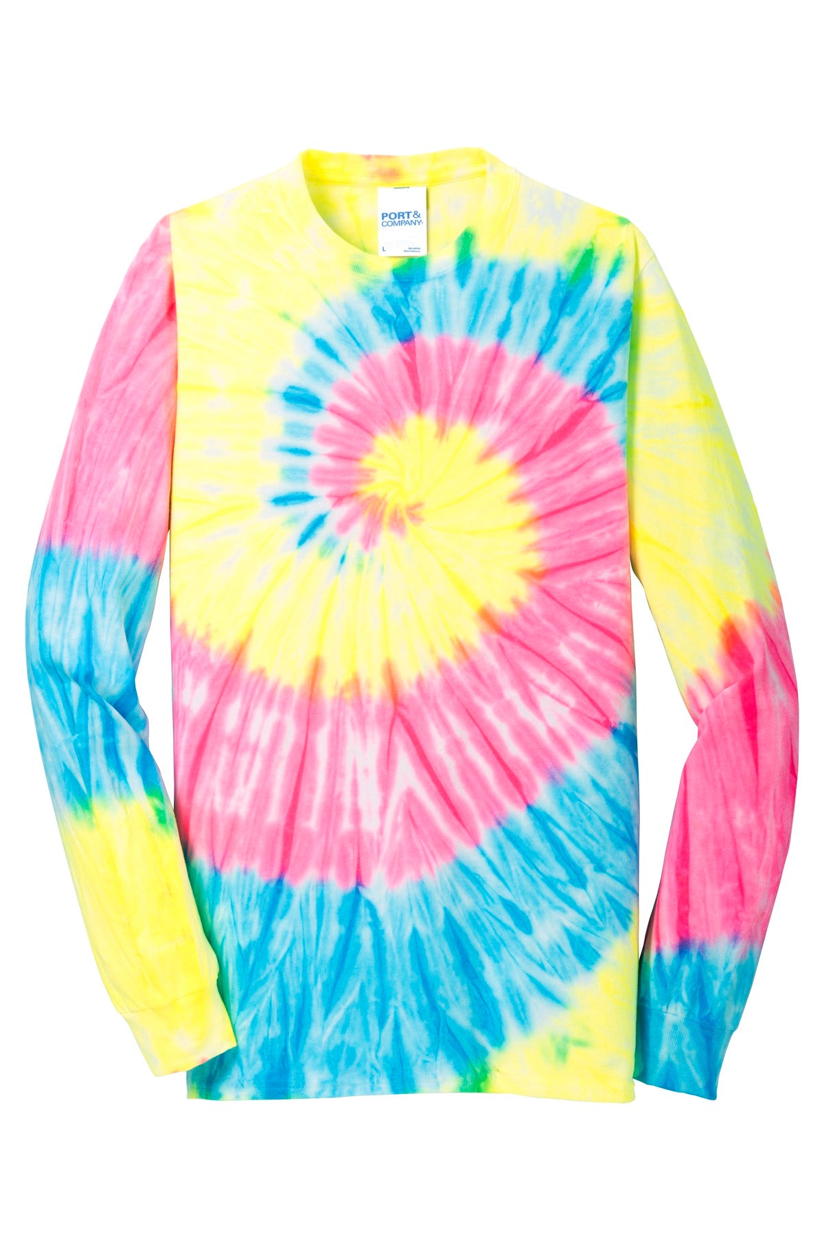 Front View of Neon Rainbow Port & Company Tie-Dye Long Sleeve Tee. PC147LS