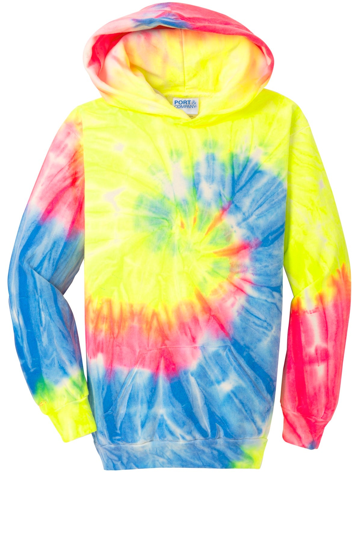 Front View of Neon Rainbow Port & Company Youth Tie-Dye Pullover Hooded Sweatshirt. PC146Y