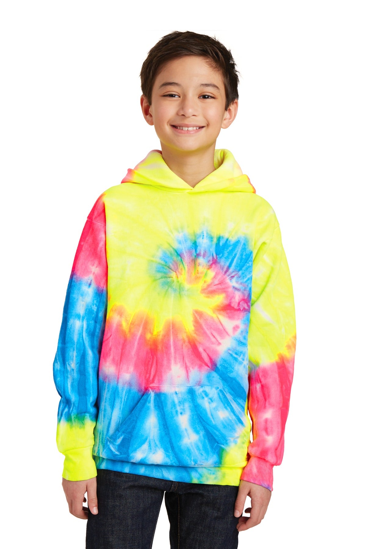 Front View of Neon Rainbow Port & Company Youth Tie-Dye Pullover Hooded Sweatshirt. PC146Y