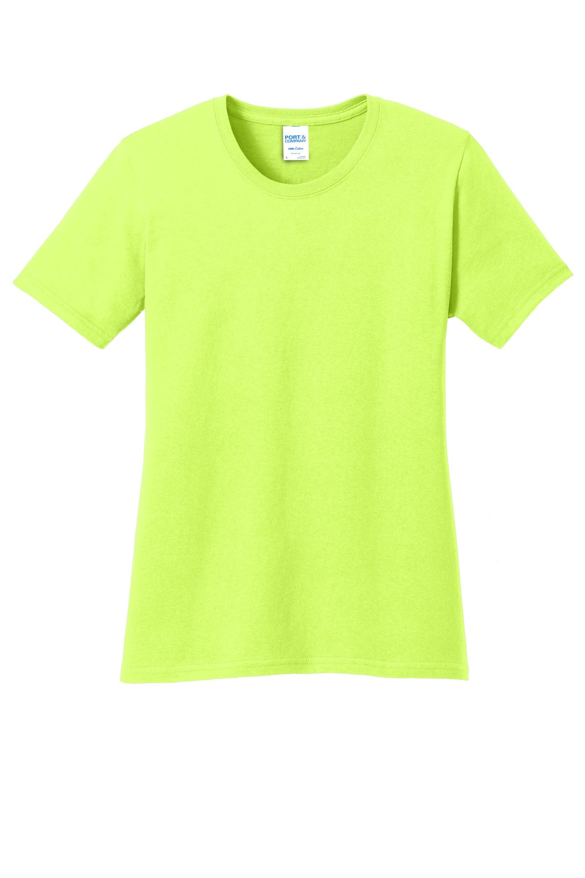 Front View of Neon Yellow Port & Company Women's Core Cotton Tee. LPC54