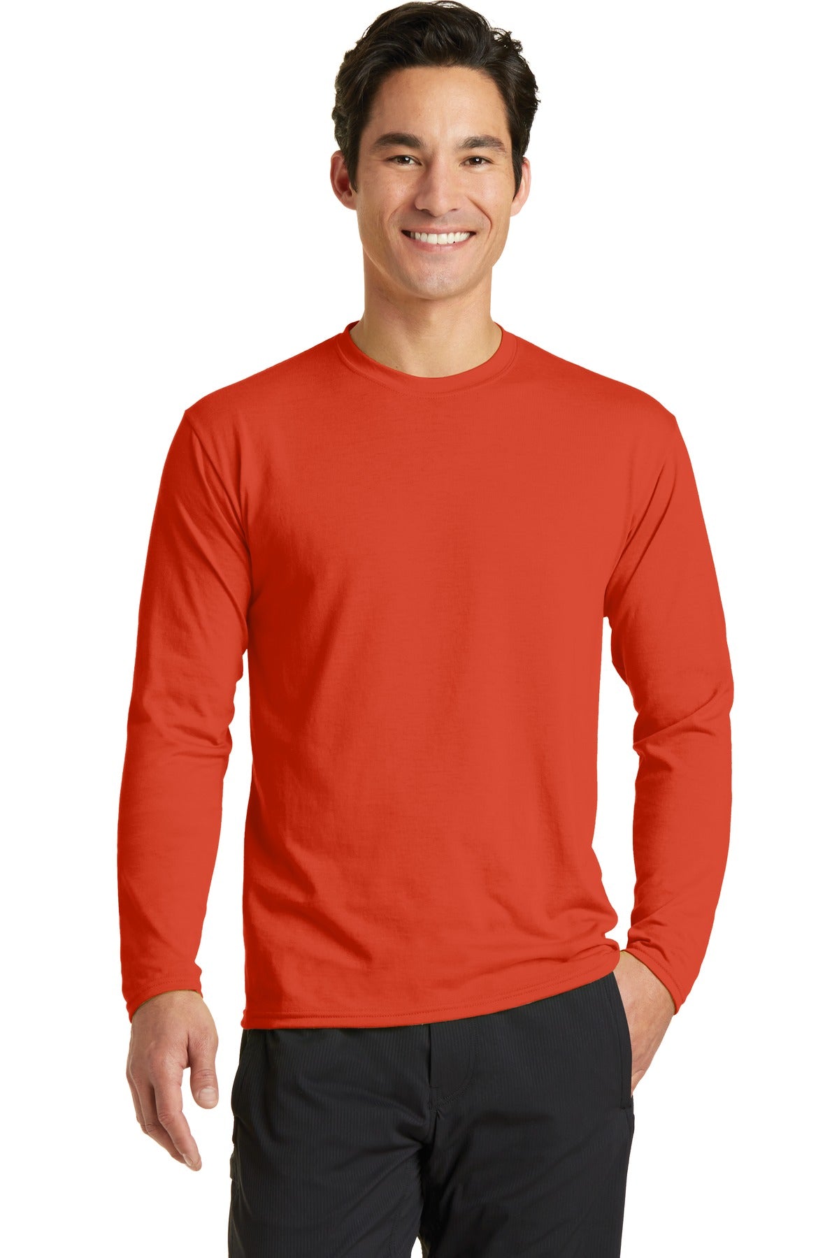 Front View of Orange Port & Company Long Sleeve Performance Blend Tee. PC381LS
