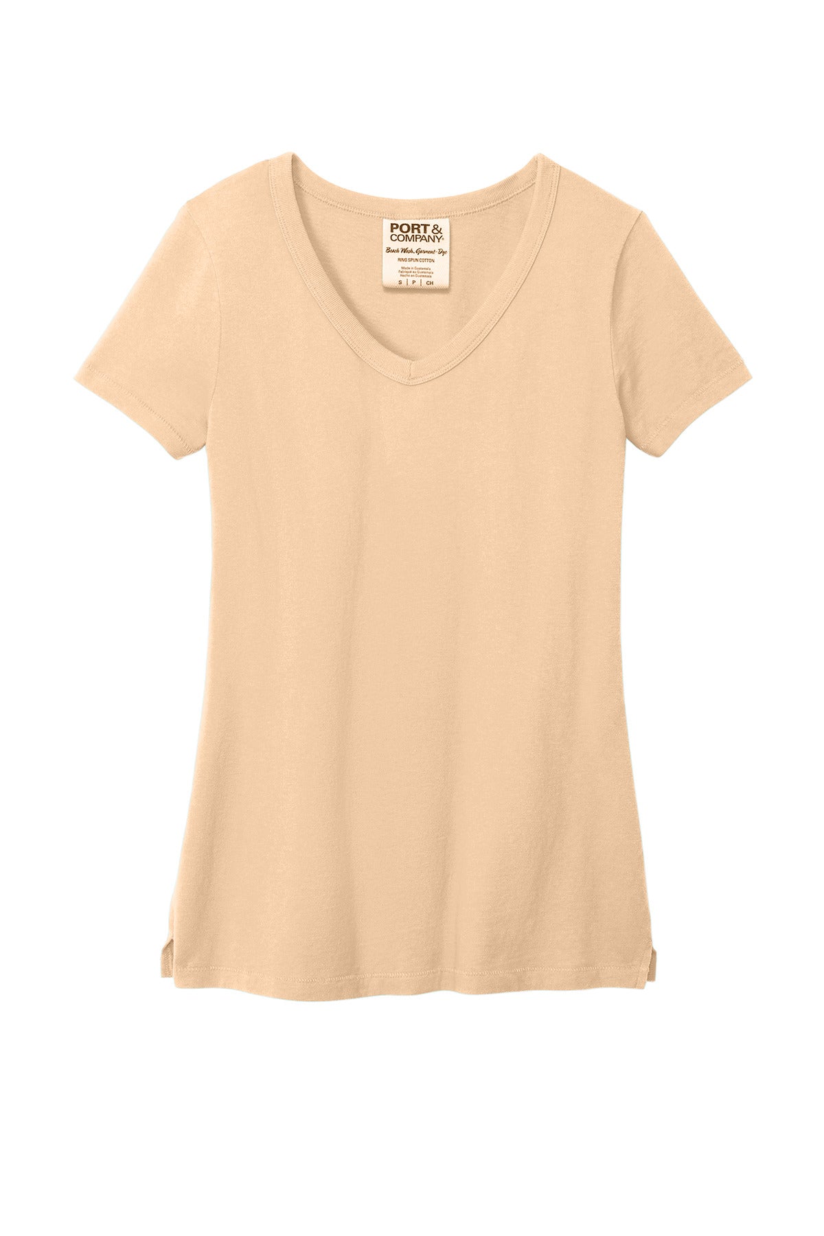 Front View of Peach Port & Company Women's Beach Wash Garment-Dyed V-Neck Tee LPC099V