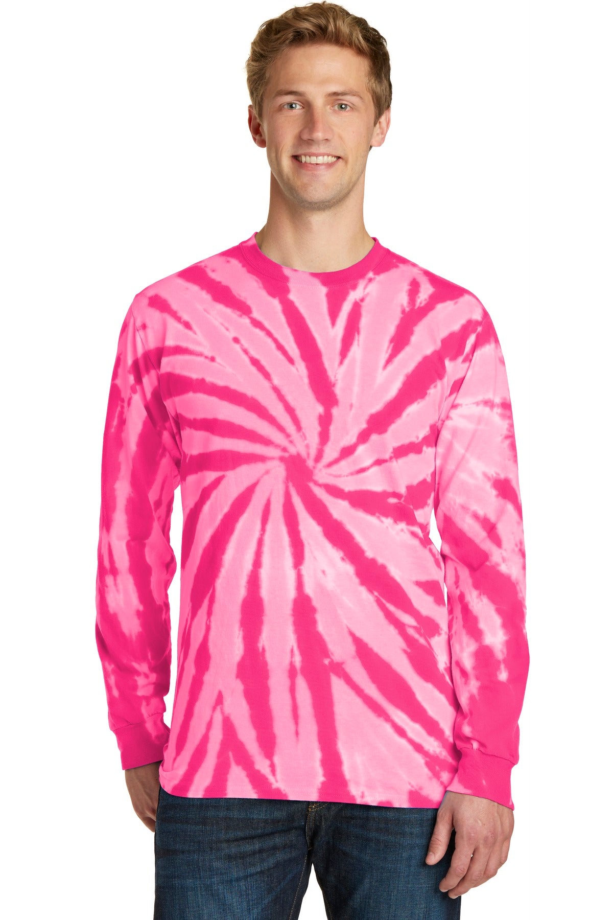 Front View of Pink Port & Company Tie-Dye Long Sleeve Tee. PC147LS