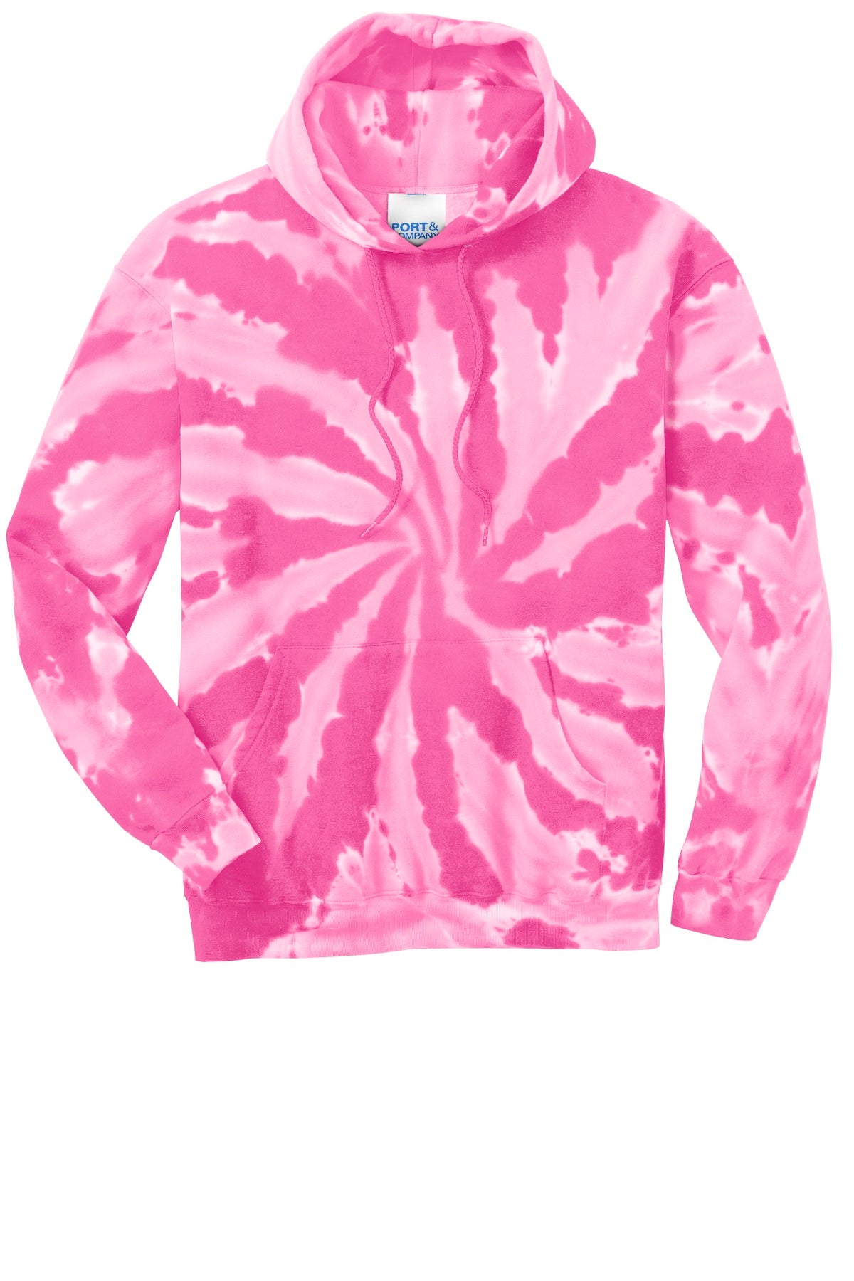 Front View of Pink Port & Company Tie-Dye Pullover Hooded Sweatshirt. PC146