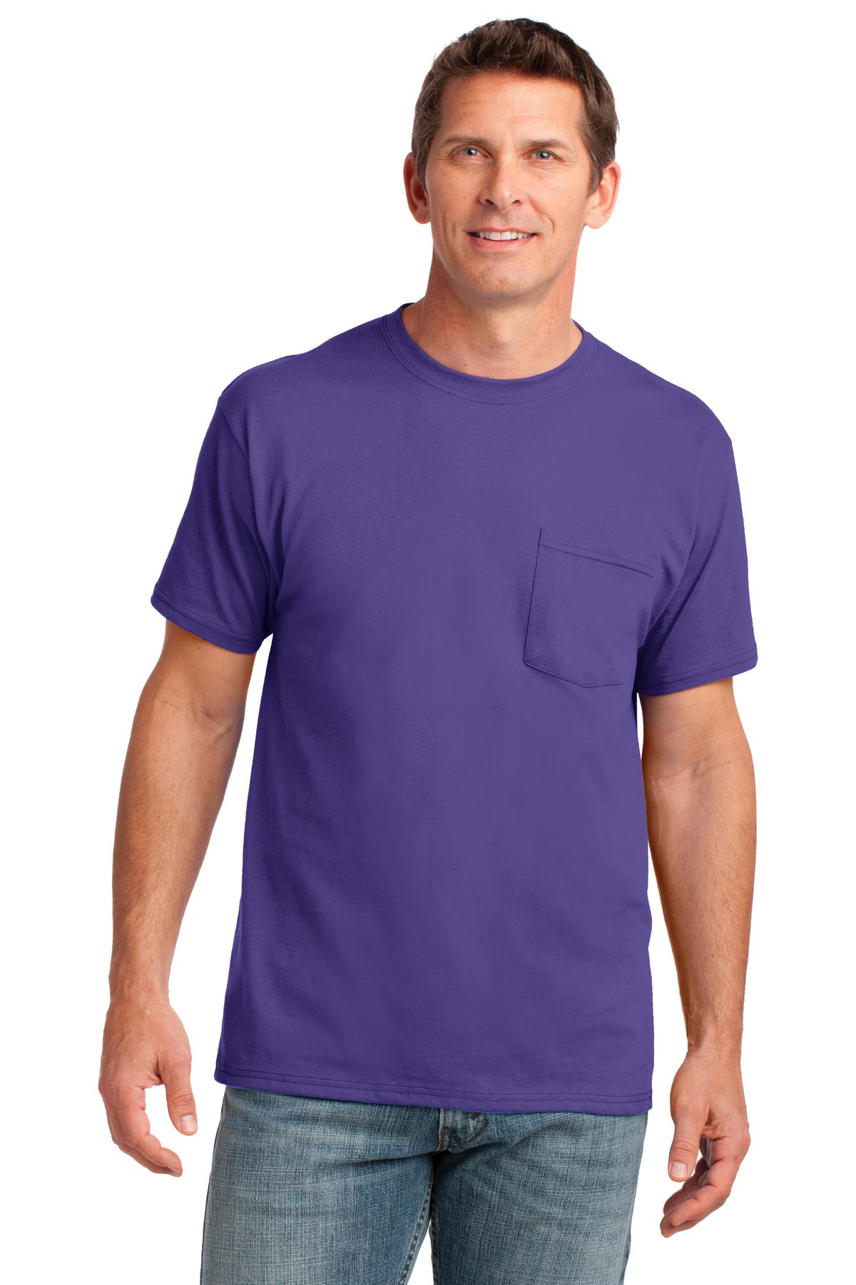 Front View of Purple Port & Company Core Cotton Pocket Tee. PC54P