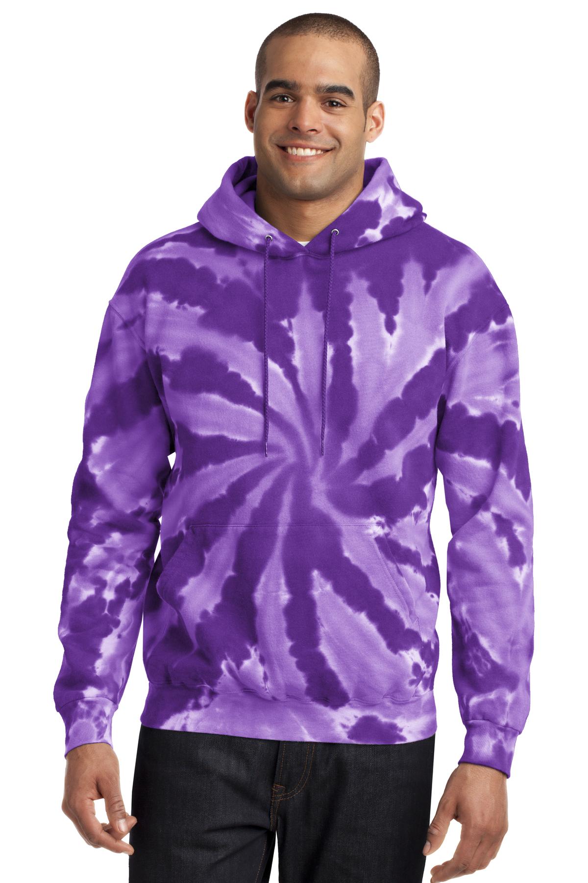 Front View of Purple Port & Company Tie-Dye Pullover Hooded Sweatshirt. PC146