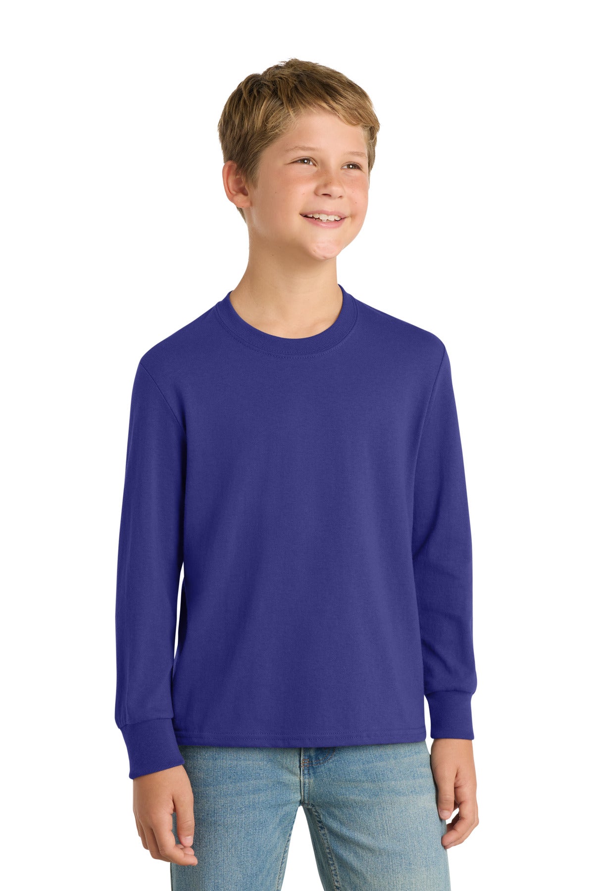 Front View of Purple Port & Company Youth Long Sleeve Core Cotton Tee. PC54YLS