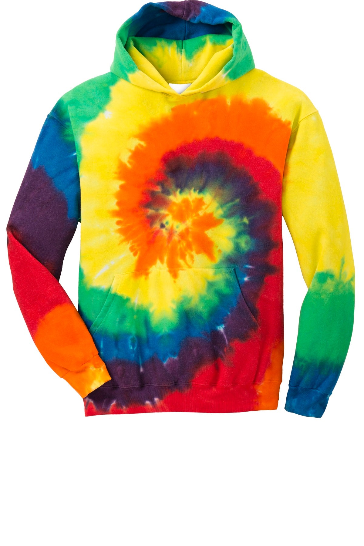 Front View of Rainbow Port & Company Youth Tie-Dye Pullover Hooded Sweatshirt. PC146Y