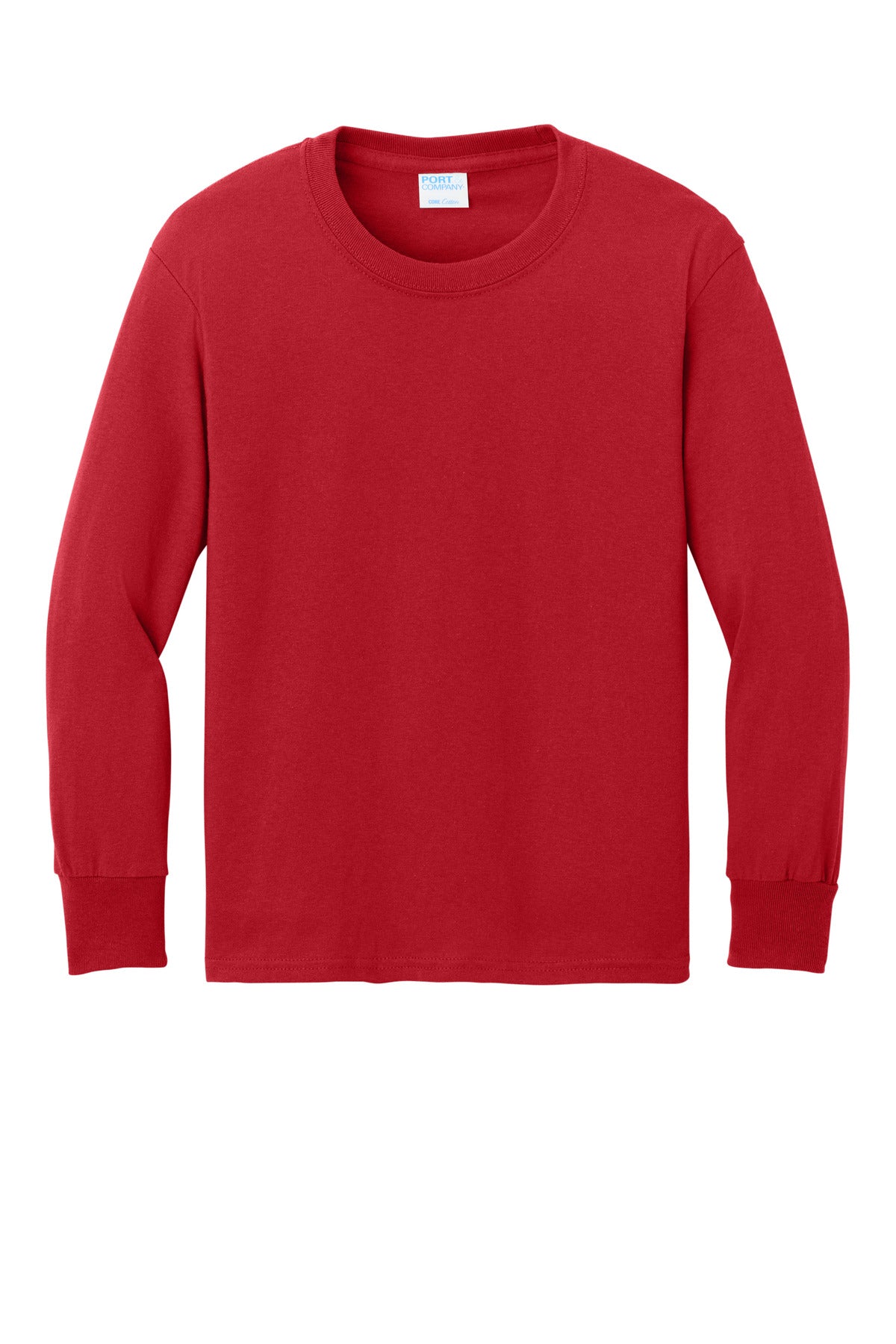Front View of Red Port & Company Youth Long Sleeve Core Cotton Tee. PC54YLS