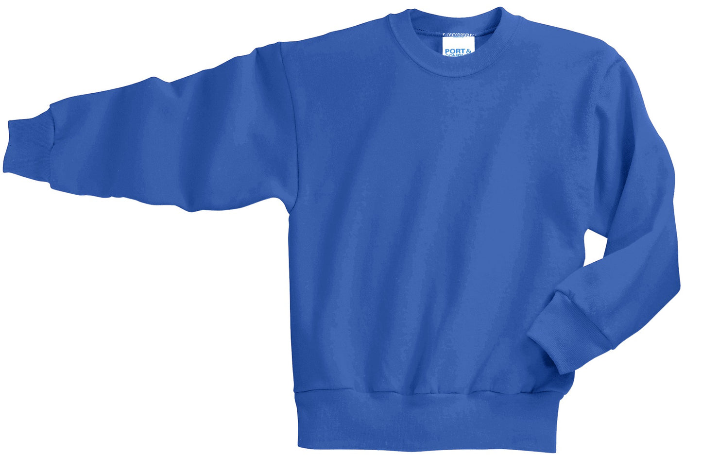Front View of Royal Blue Port & Company Youth Core Fleece Crewneck Sweatshirt. PC90Y