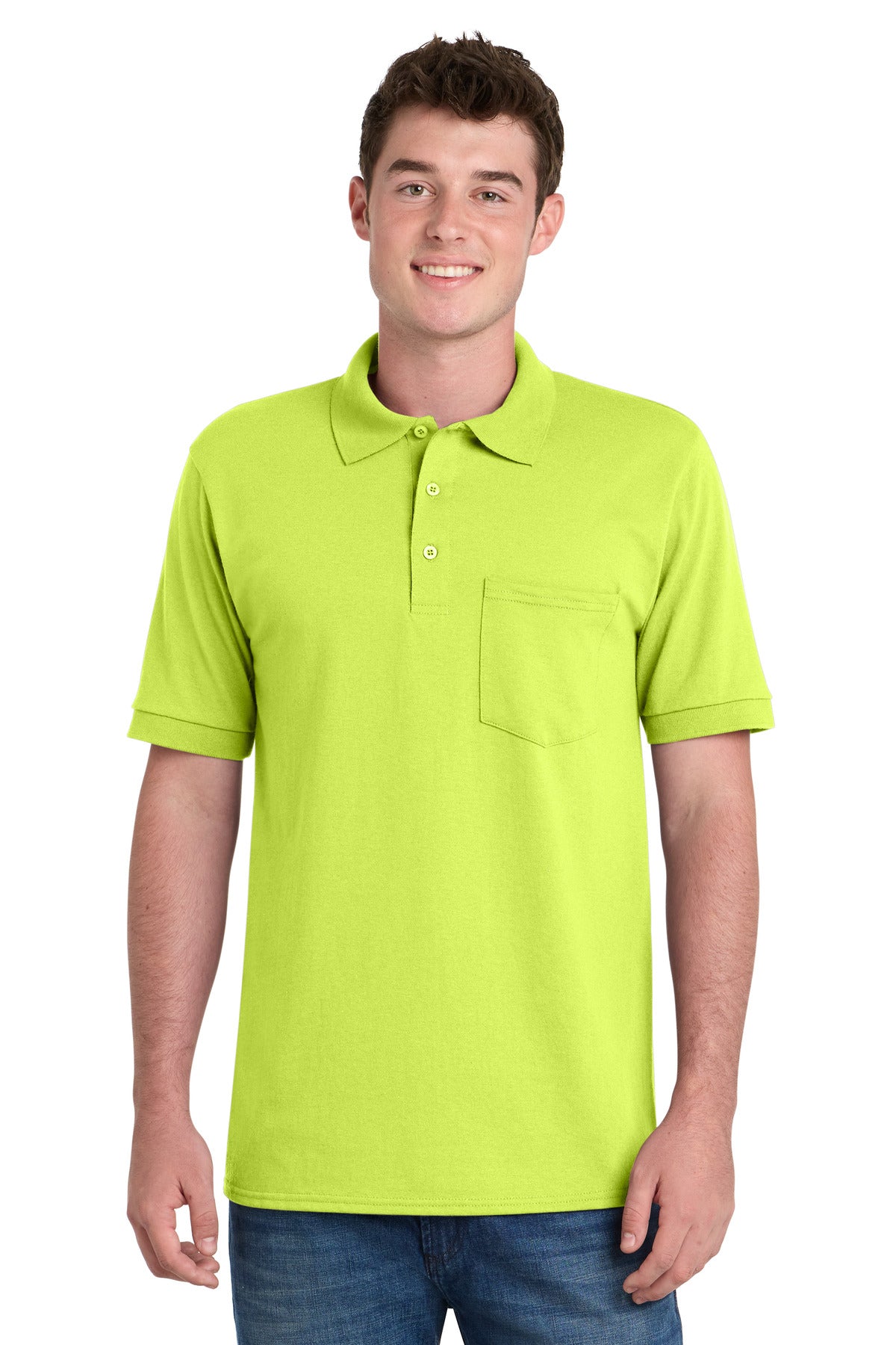 Front View of Safety Green Port & Company Core Blend Jersey Knit Pocket Polo. KP55P