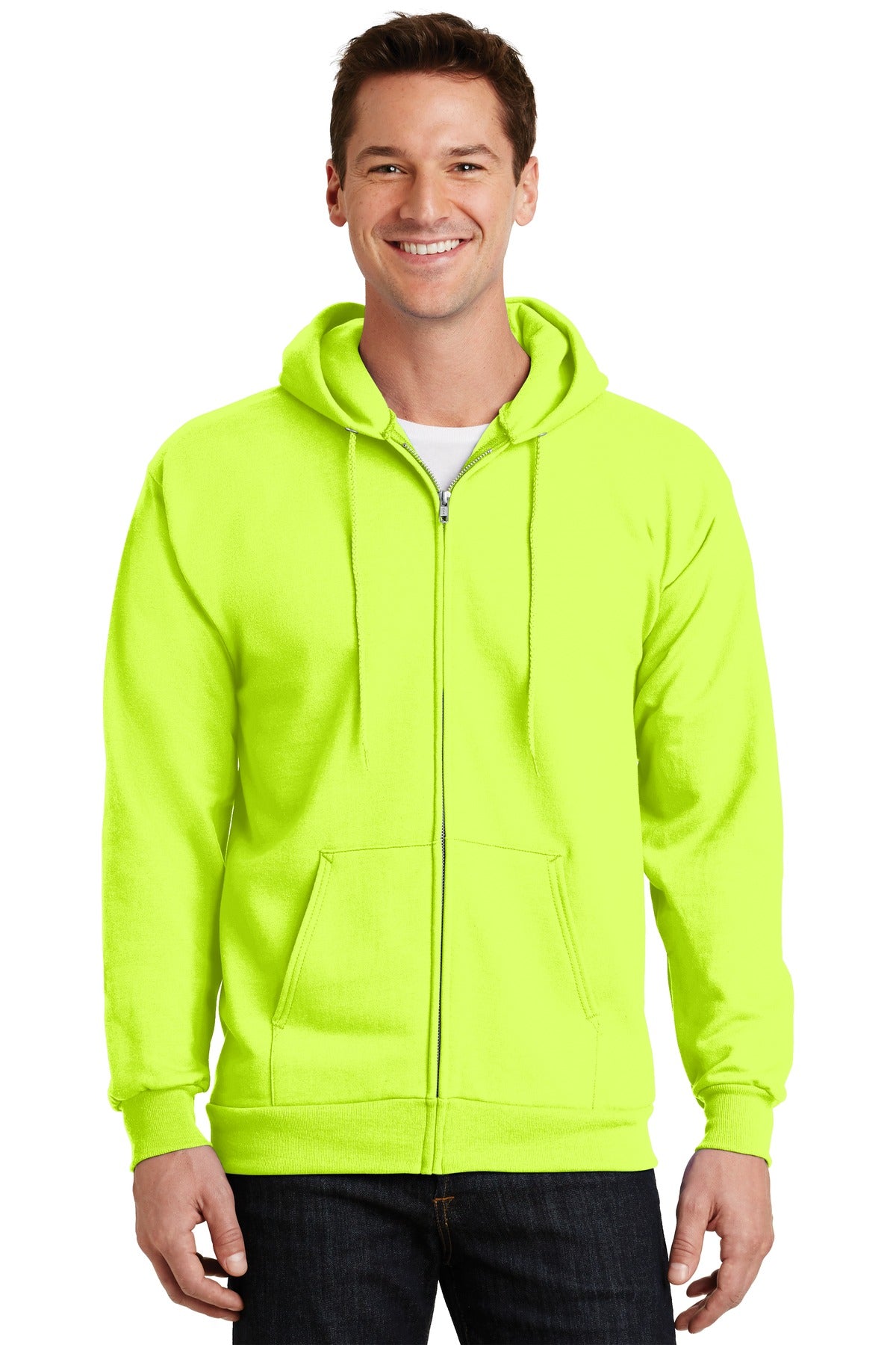 Front View of Safety Green Port & Company Essential Fleece Full-Zip Hooded Sweatshirt. PC90ZH