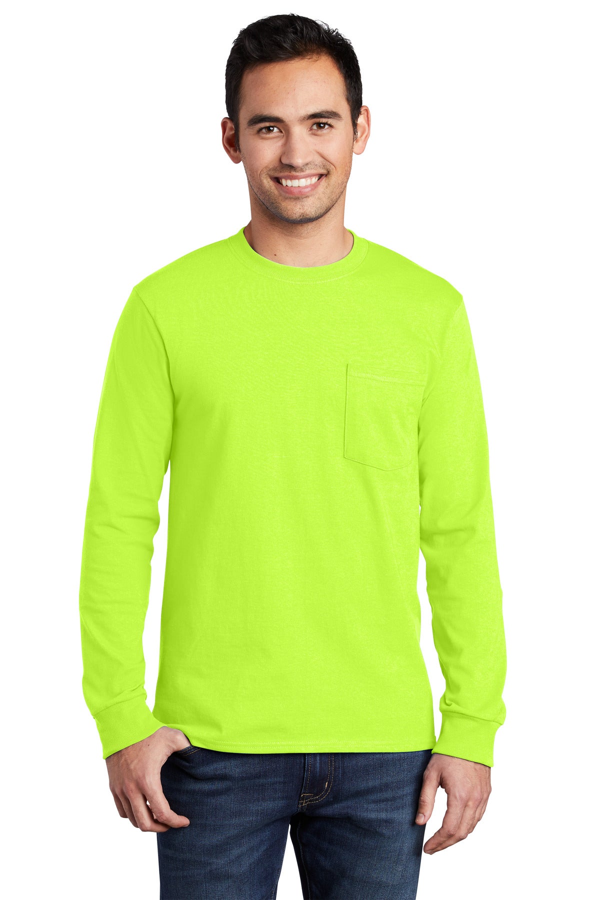 Front View of SGreen Port & Company Long Sleeve Essential Pocket Tee. PC61LSP