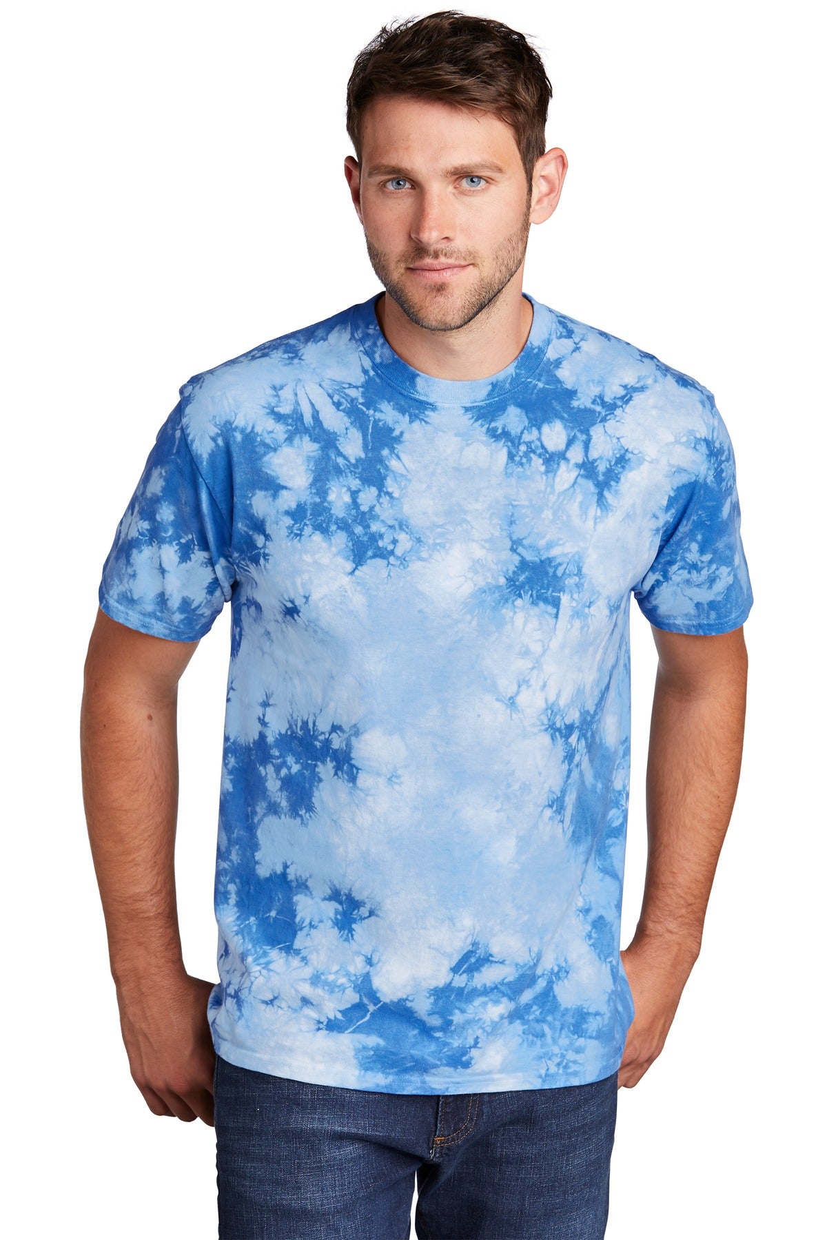 Front View of Sky Blue Port & Company Crystal Tie-Dye Tee PC145