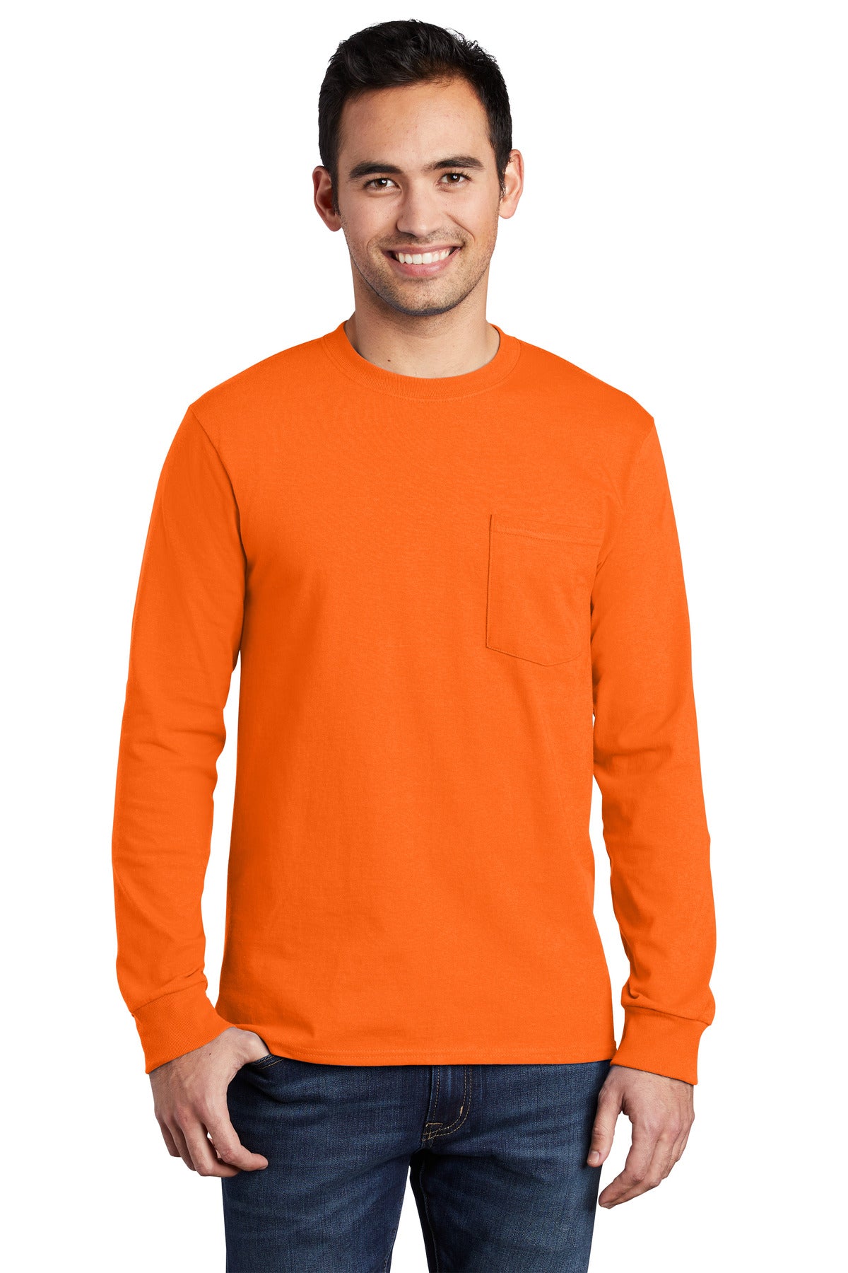Front View of SOrange Port & Company Long Sleeve Essential Pocket Tee. PC61LSP