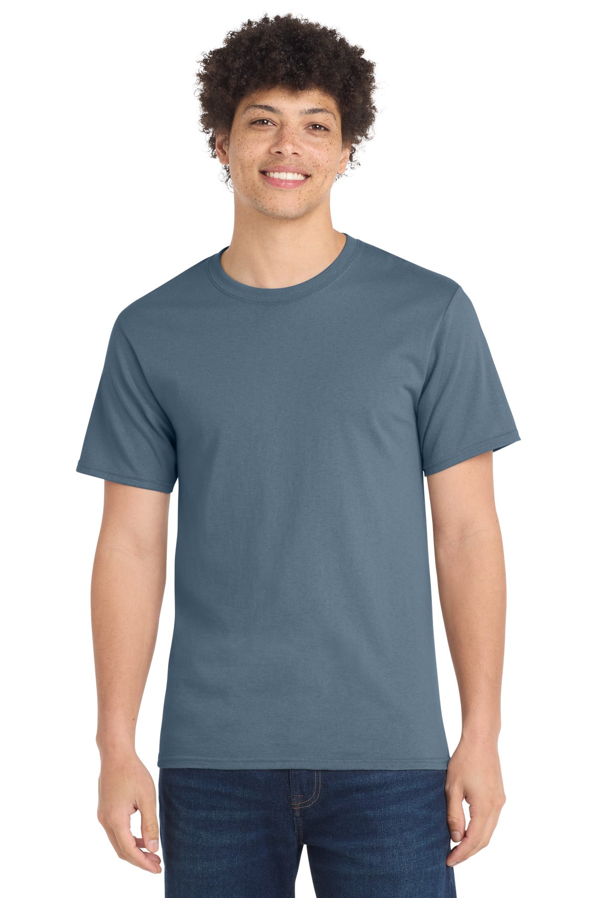 Front View of Stonewshd Blue Port & Company Tall Essential Tee. PC61T