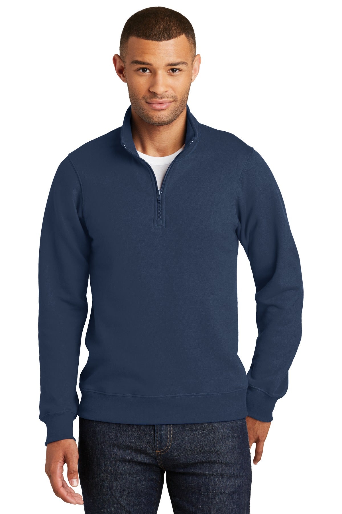Front View of Team Navy Port & Company Fan Favorite Fleece 1/4-Zip Pullover Sweatshirt. PC850Q