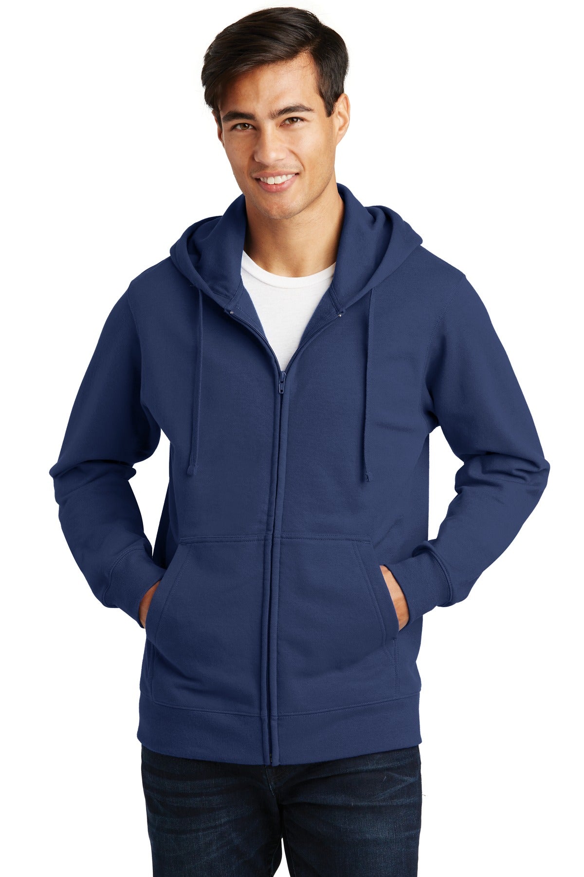 Front View of Team Navy Port & Company Fan Favorite Fleece Full-Zip Hooded Sweatshirt. PC850ZH