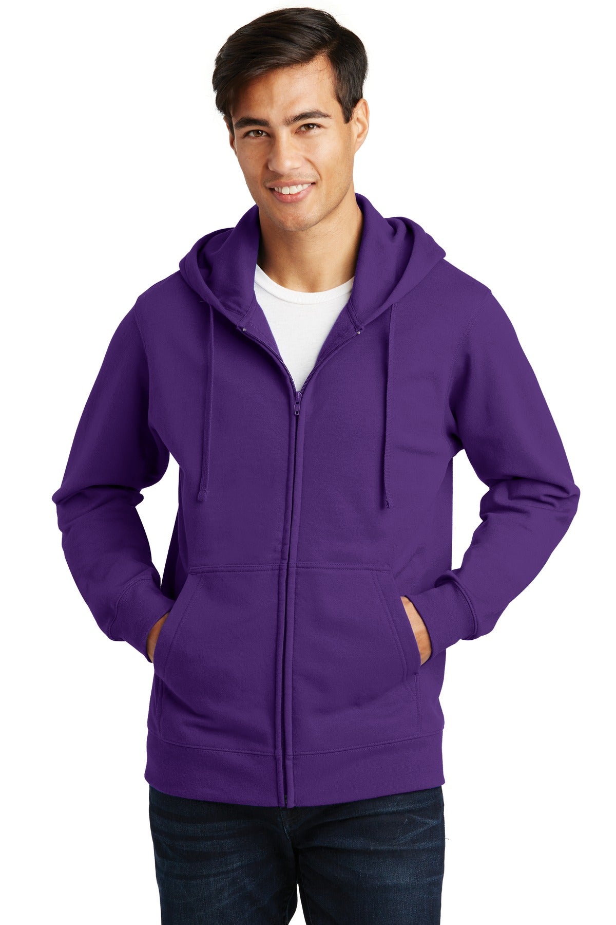 Front View of Team Purple Port & Company Fan Favorite Fleece Full-Zip Hooded Sweatshirt. PC850ZH