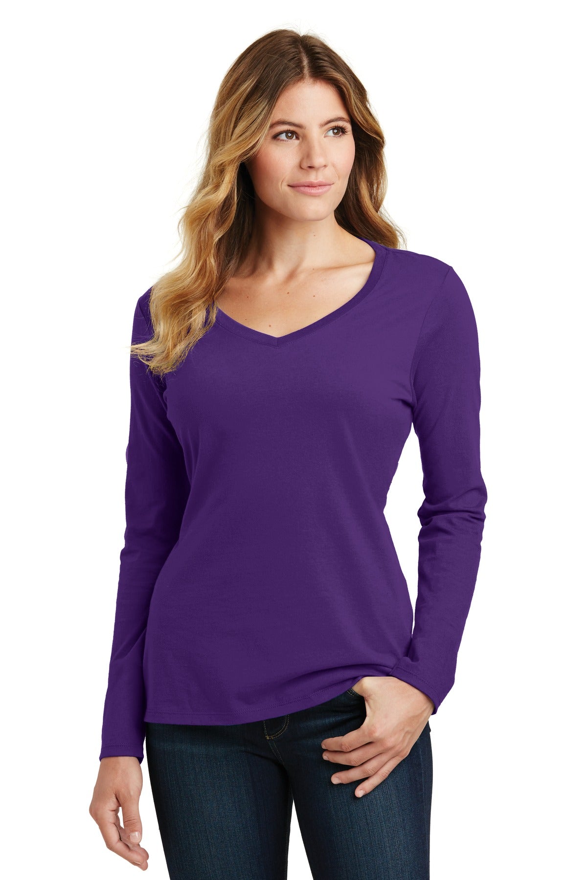 Front View of Team Purple Port & Company Women's Long Sleeve Fan Favorite V-Neck Tee. LPC450VLS