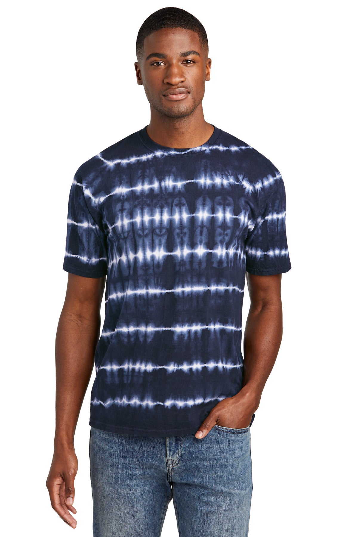 Front View of TrNv/White Port & Company Allover Stripe Tie-Dye Tee PC142