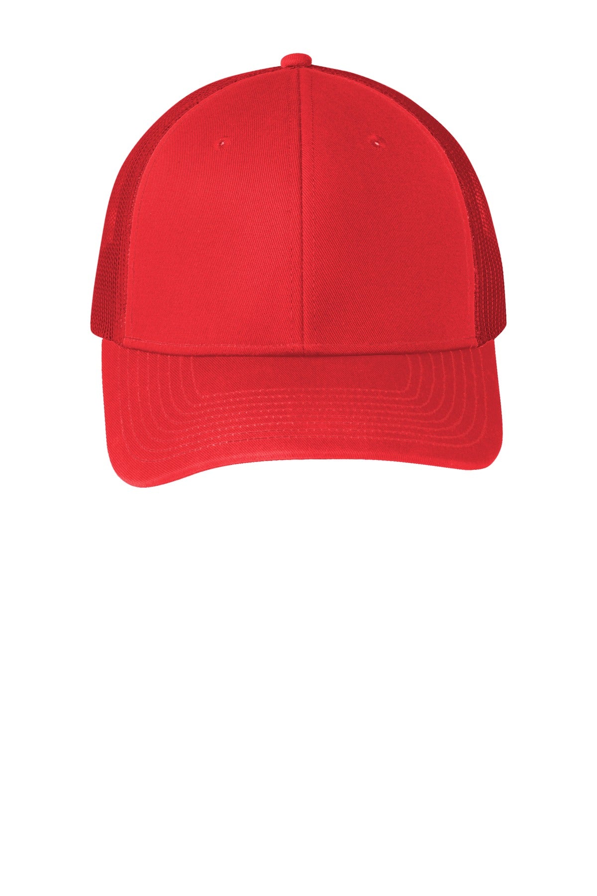 Front View of True Red Port Authority Snapback Trucker Cap. C112
