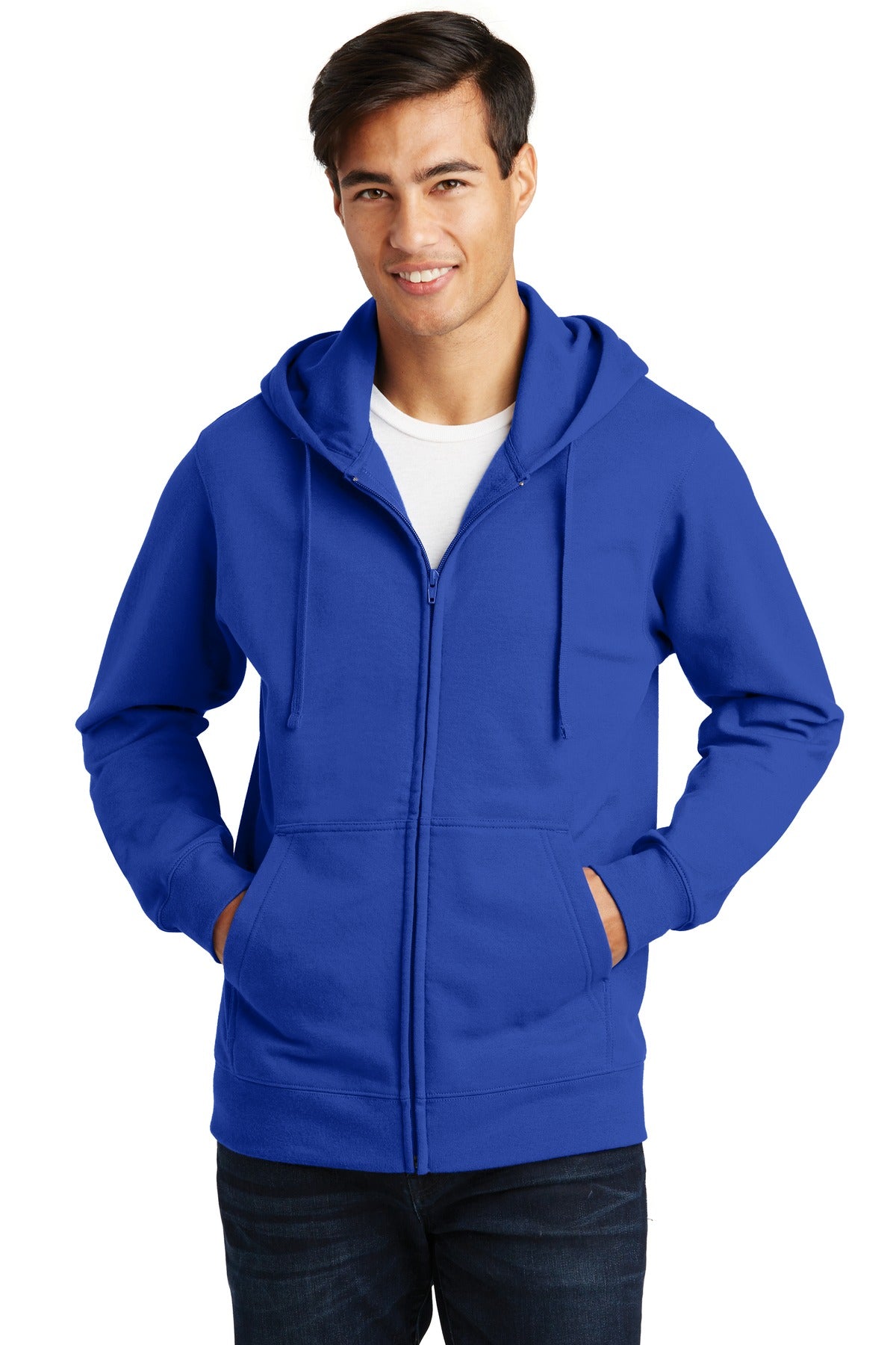 Front View of True Royal Port & Company Fan Favorite Fleece Full-Zip Hooded Sweatshirt. PC850ZH