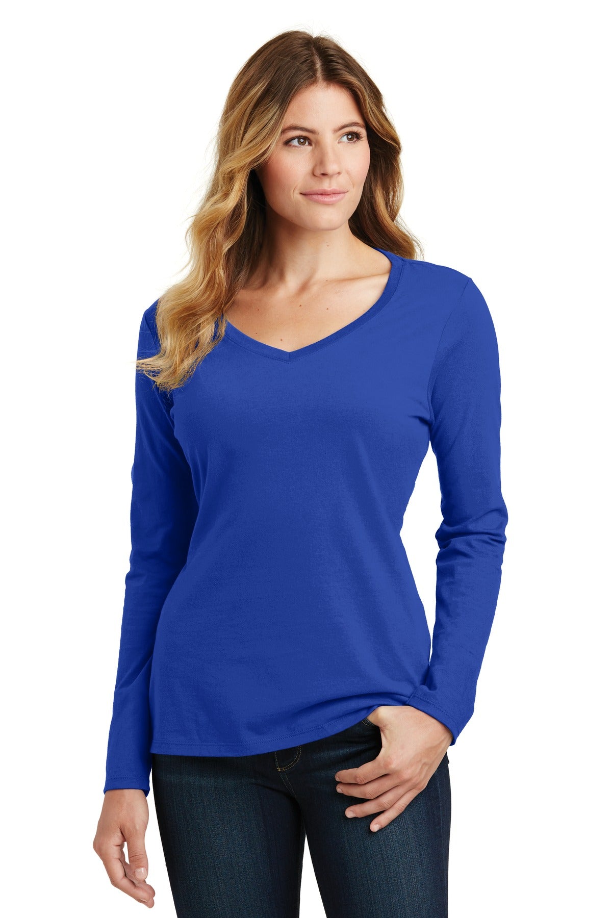 Front View of True Royal Port & Company Women's Long Sleeve Fan Favorite V-Neck Tee. LPC450VLS