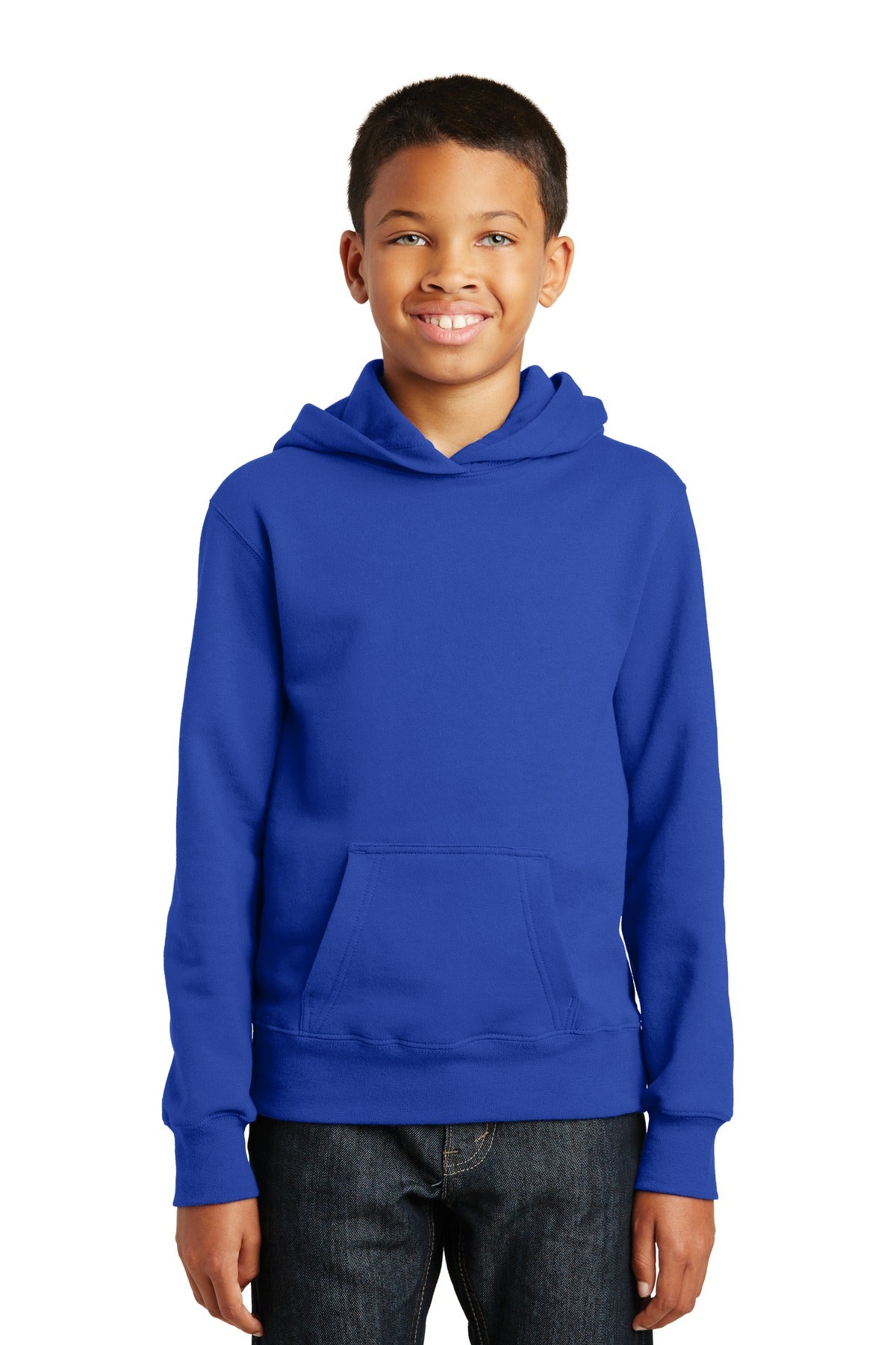 Front View of True Royal Port & Company Youth Fan Favorite Fleece Pullover Hooded Sweatshirt. PC850YH