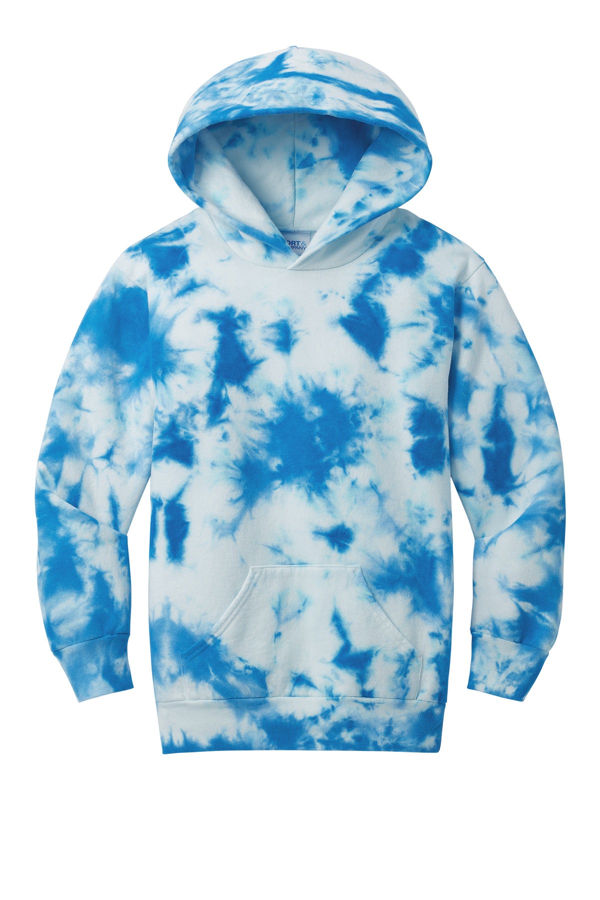 Front View of TrueRoyal Port & Company Youth Crystal Tie-Dye Pullover Hoodie PC144Y