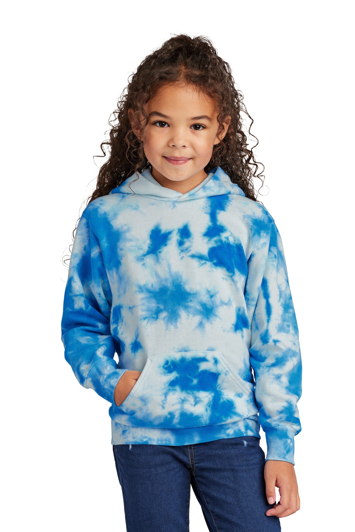 Front View of TrueRoyal Port & Company Youth Crystal Tie-Dye Pullover Hoodie PC144Y