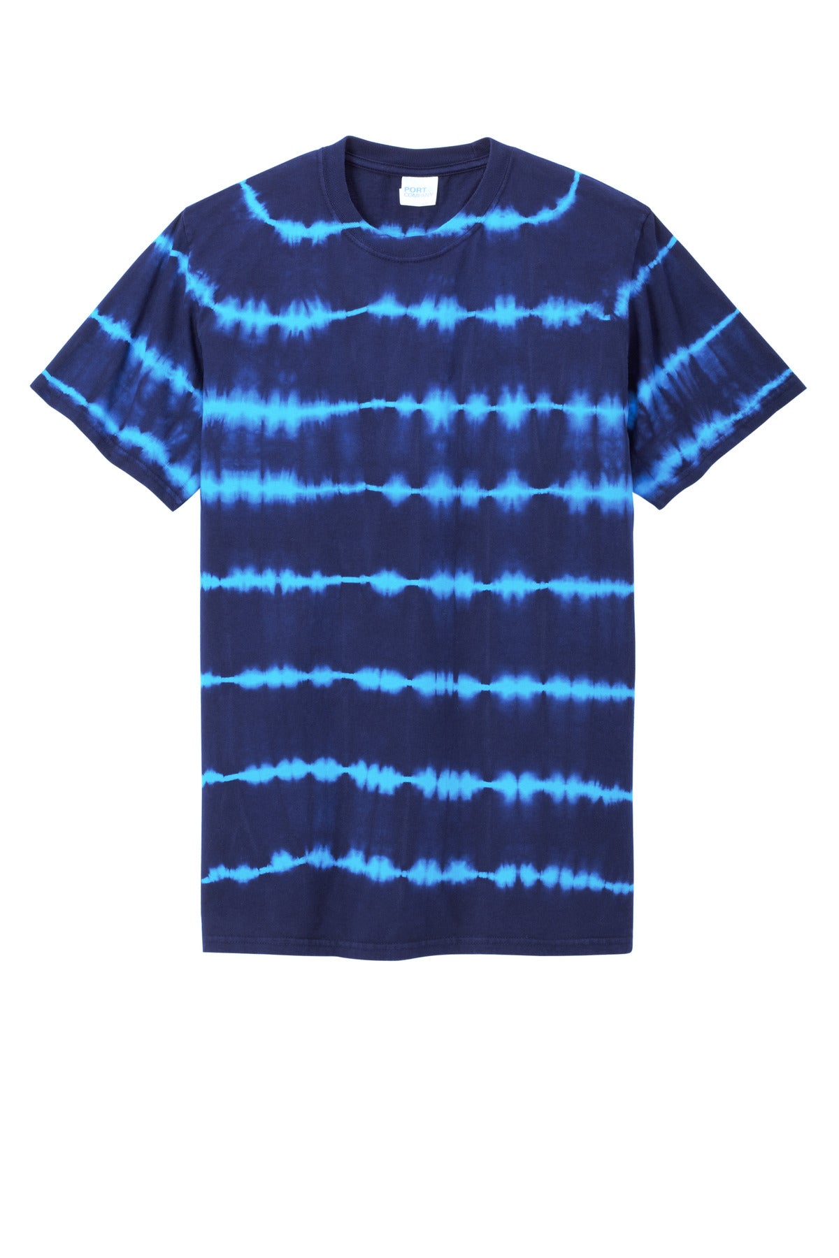 Front View of Turq/TmNvy Port & Company Allover Stripe Tie-Dye Tee PC142