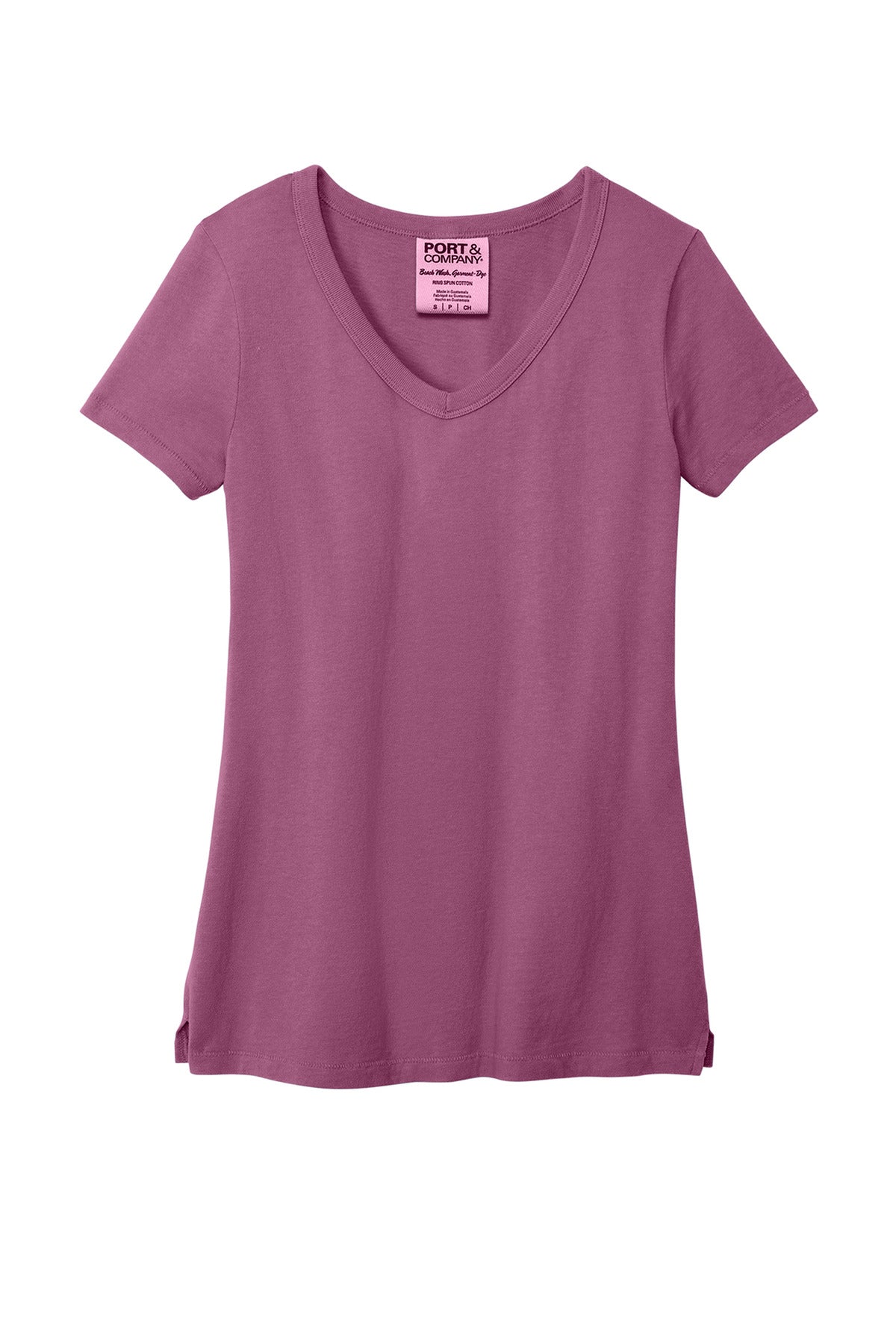 Front View of VtgRaspbry Port & Company Women's Beach Wash Garment-Dyed V-Neck Tee LPC099V