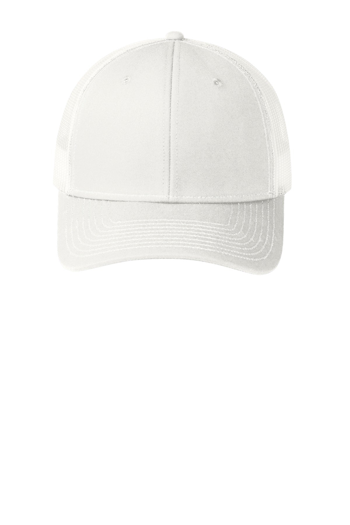 Front View of White Port Authority Snapback Trucker Cap. C112