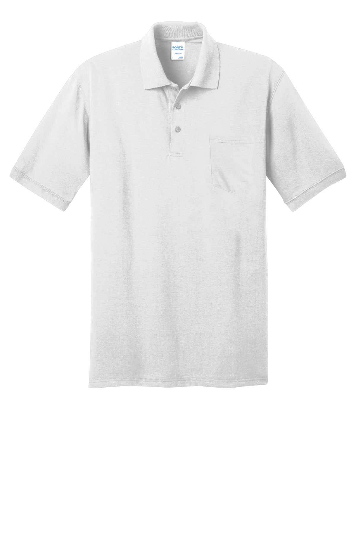 Front View of White Port & Company Core Blend Jersey Knit Pocket Polo. KP55P