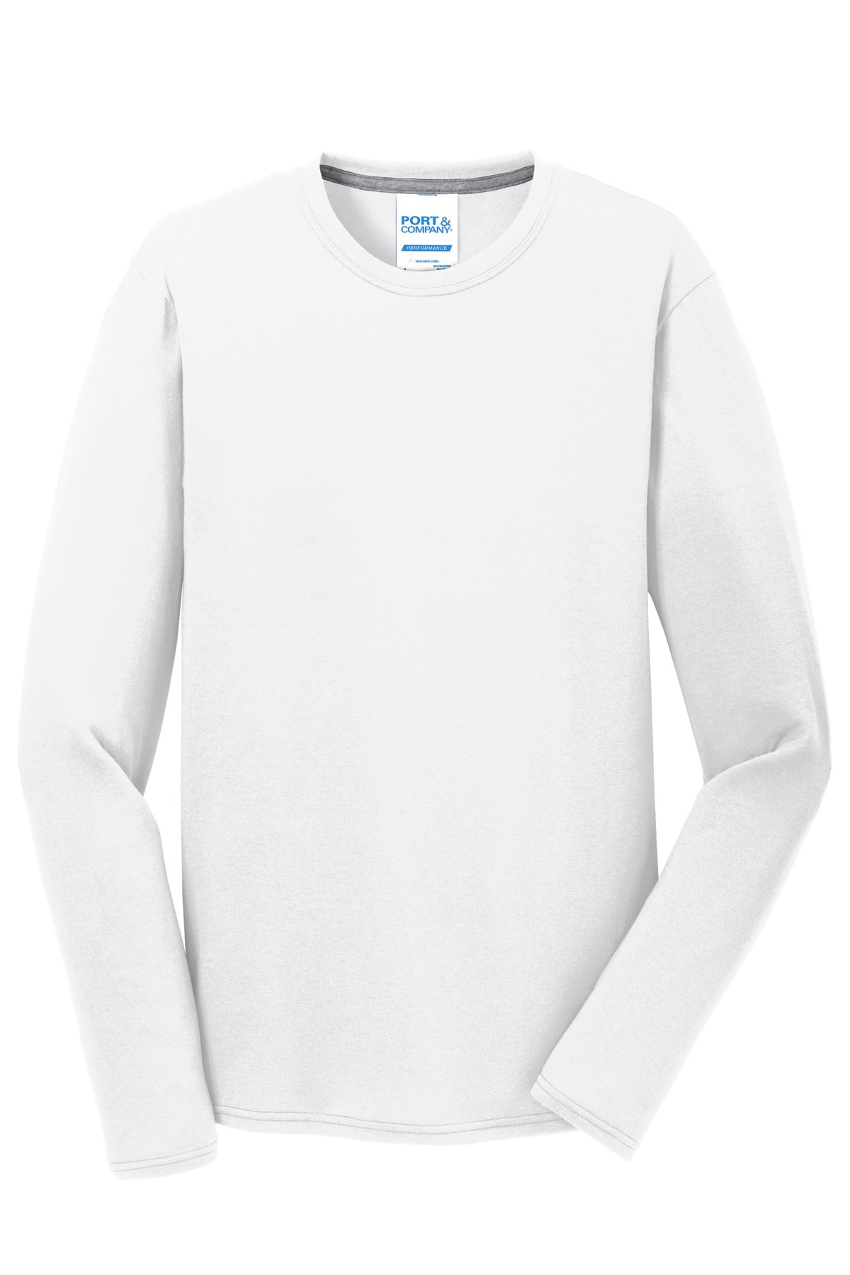 Front View of White Port & Company Long Sleeve Performance Blend Tee. PC381LS