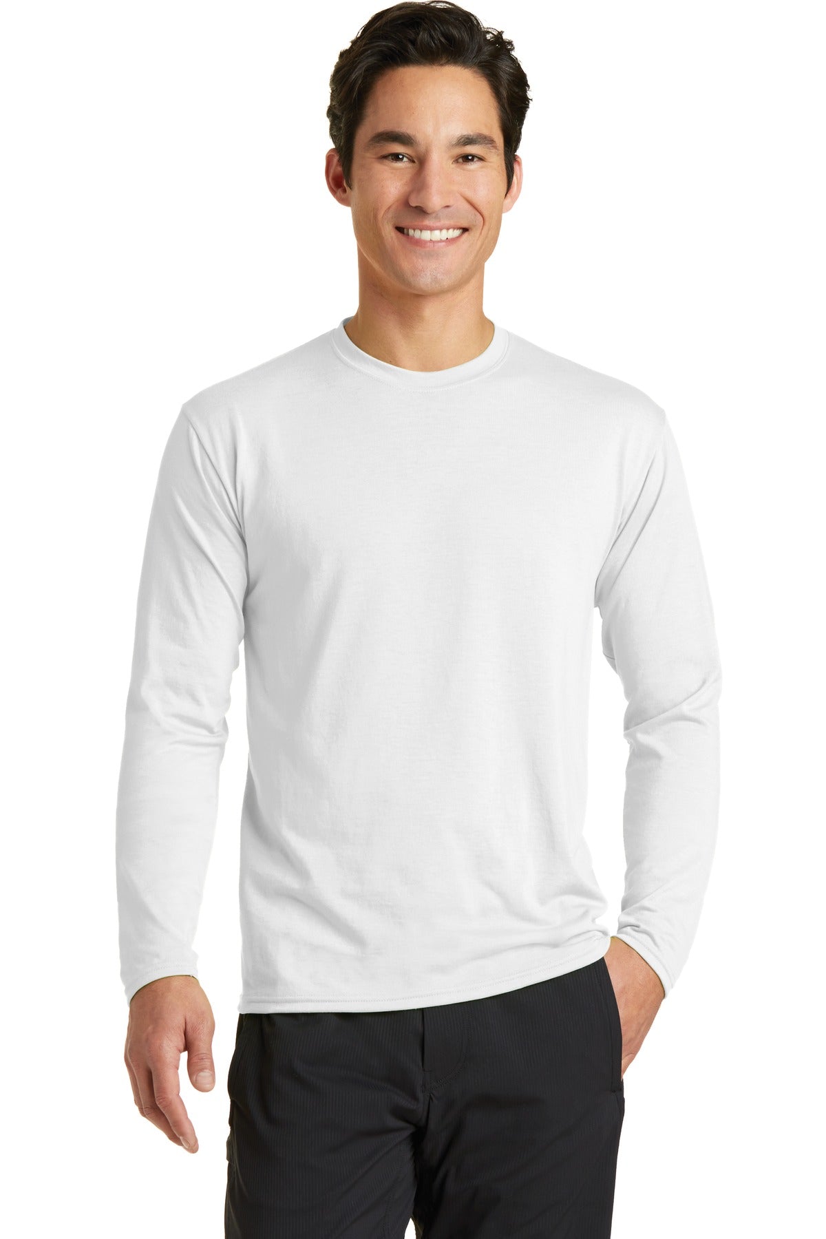 Front View of White Port & Company Long Sleeve Performance Blend Tee. PC381LS