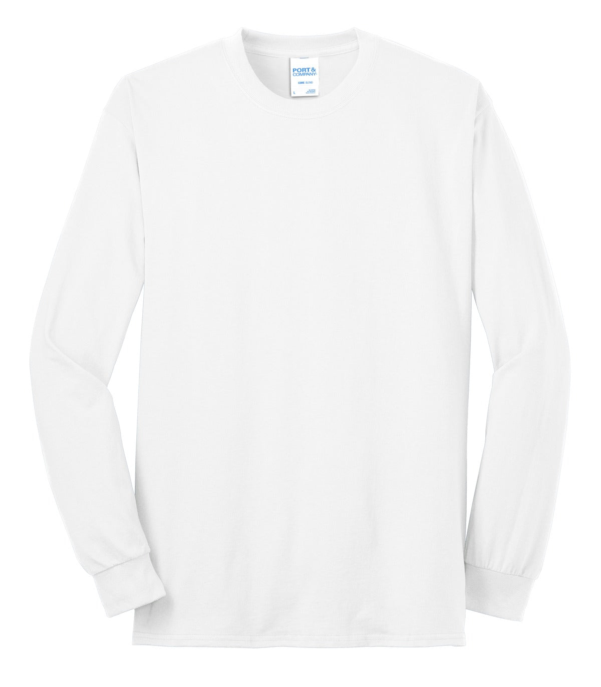 Front View of White Port & Company Tall Long Sleeve Core Blend Tee. PC55LST